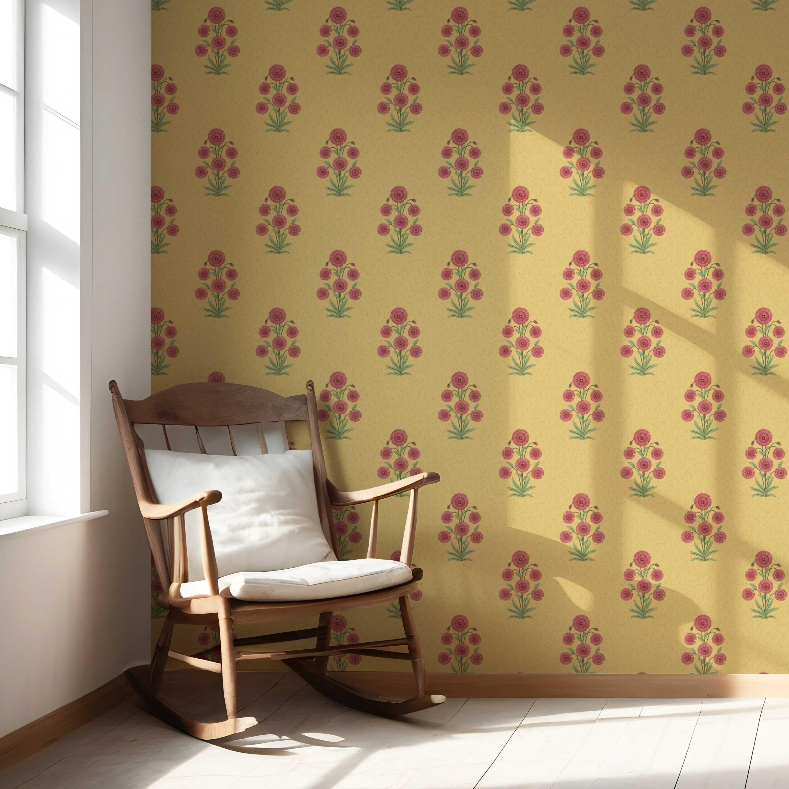 Botanical Floral Block Print Nursery Wallpaper Sample (Yellow/ Red-Pink/ Green)
