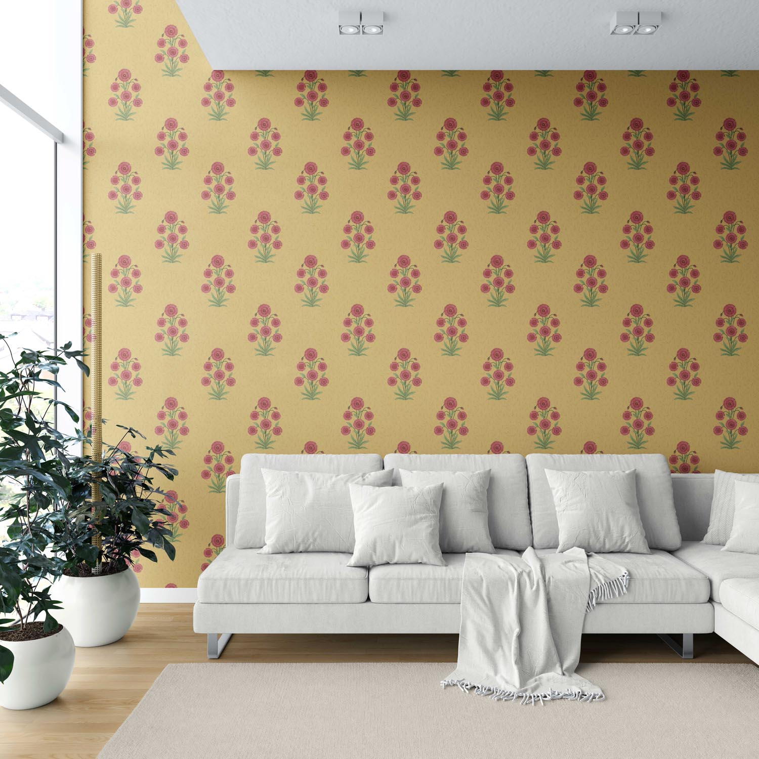 Botanical Floral Block Print Shower Toilet Wallpaper Sample (Yellow/ Red-Pink/ Green)