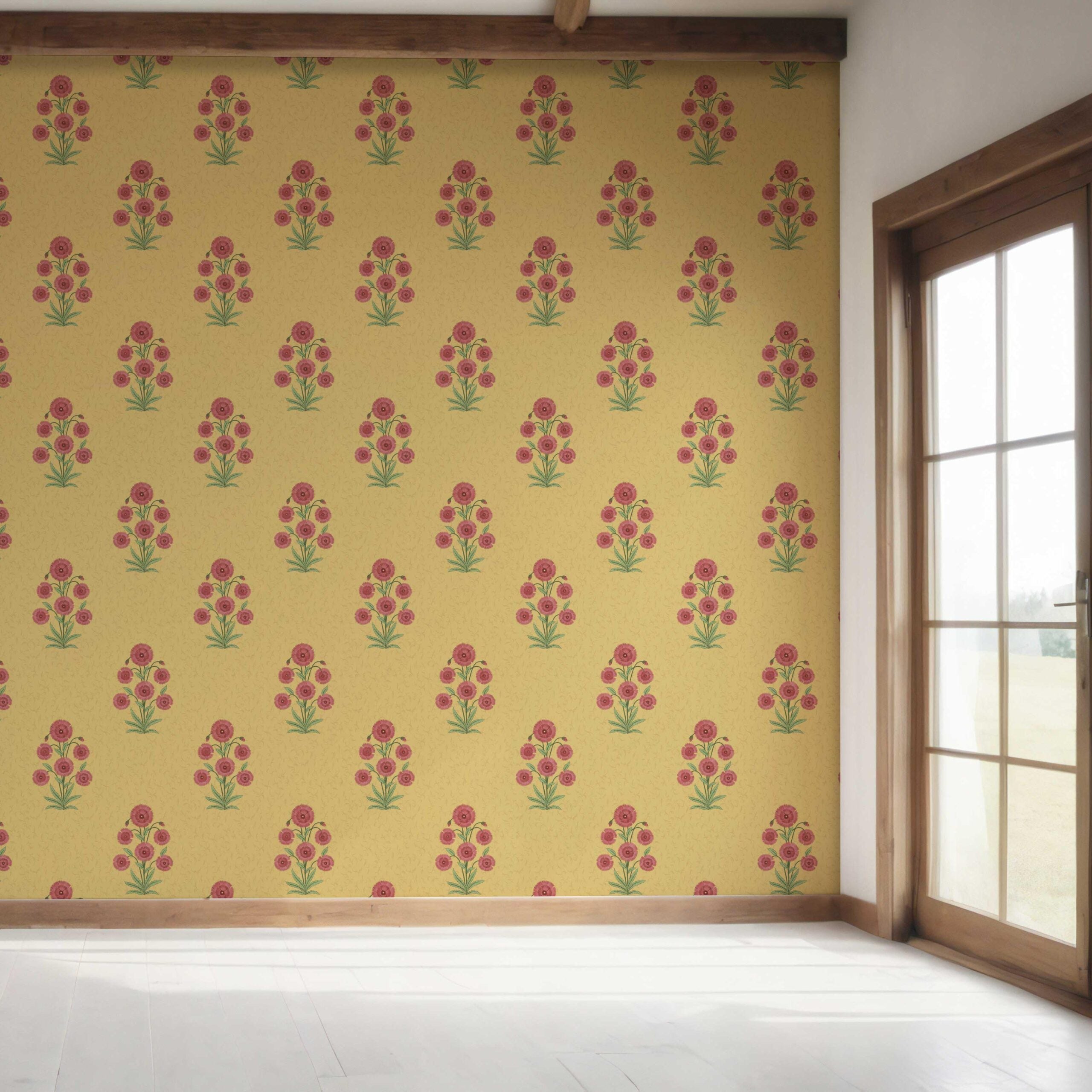 Botanical Floral Block Print Bedroom Wallpaper Sample (Yellow/ Red-Pink/ Green)