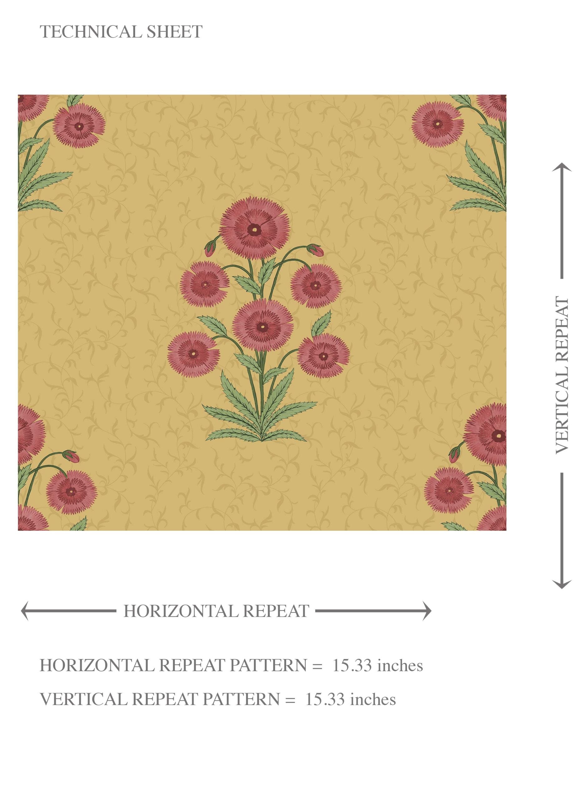 Botanical Floral Block Print Kids Room Wallpaper Sample (Yellow/ Red-Pink/ Green)