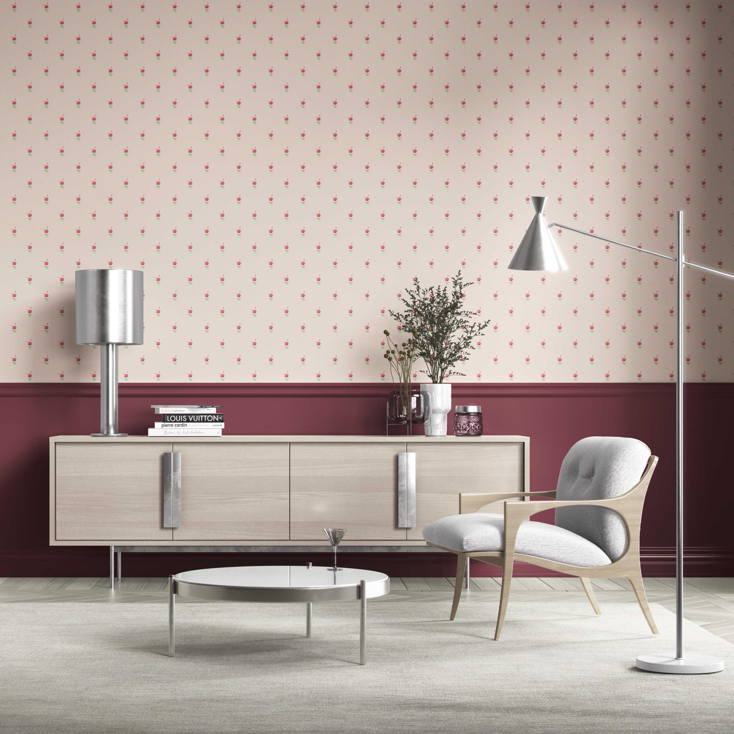Vintage-Inspired Floral Block Print Traditional Wallpaper Sample (Pink/ Green)