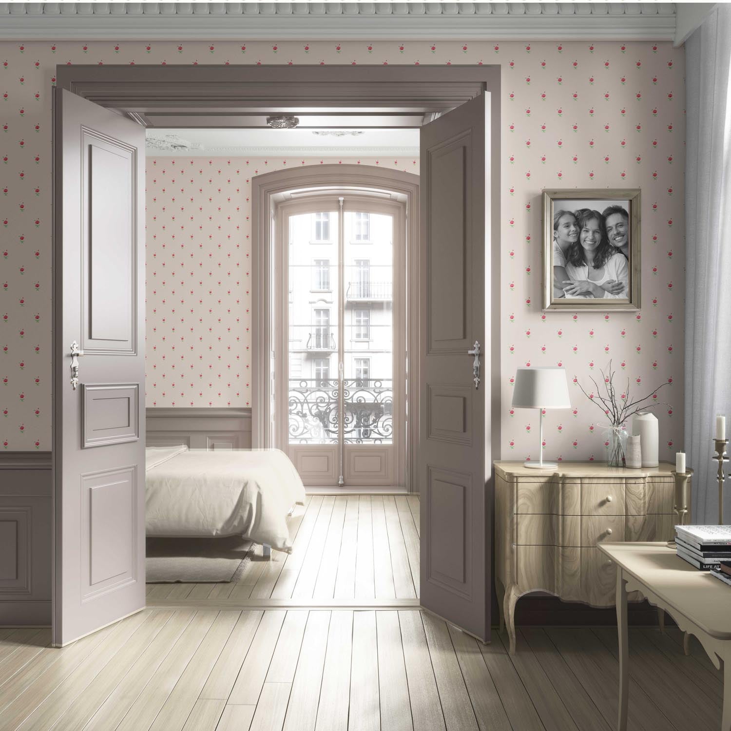 Vintage-Inspired Floral Block Print Living Room Wallpaper Sample (Pink/ Green)