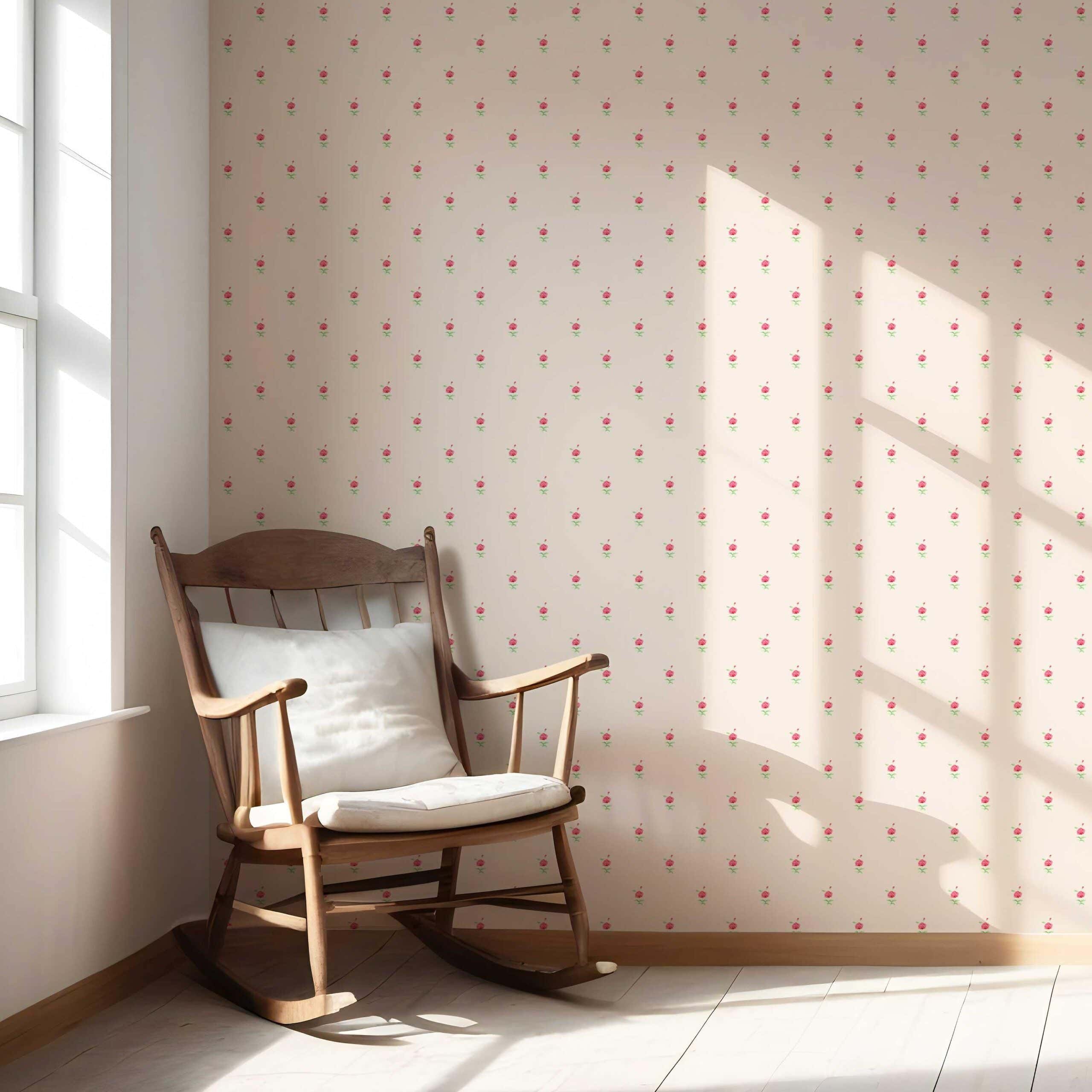 Vintage-Inspired Floral Block Print Nursery Wallpaper (Pink/ Green)