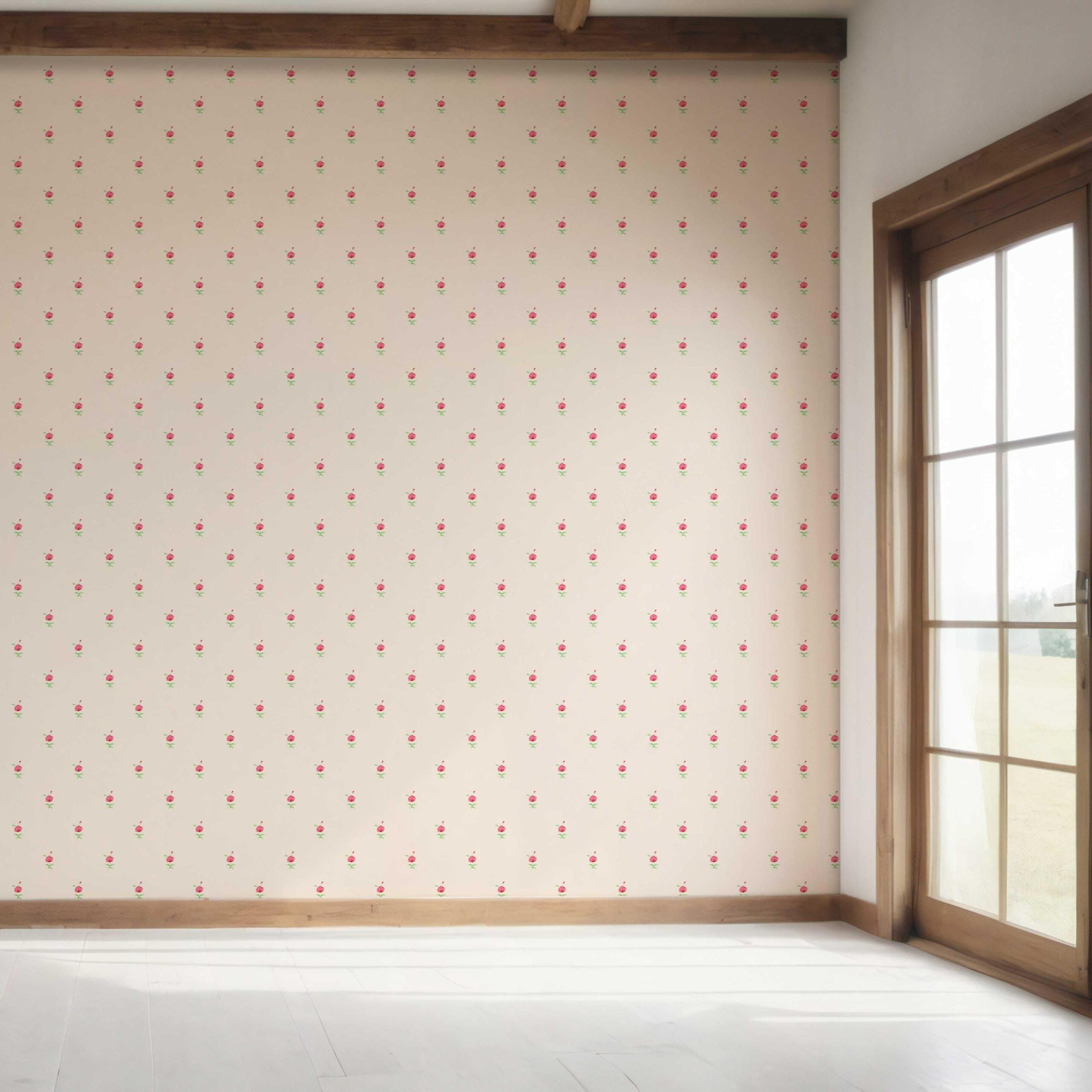 Vintage-Inspired Floral Block Print Bedroom Wallpaper Sample (Pink/ Green)