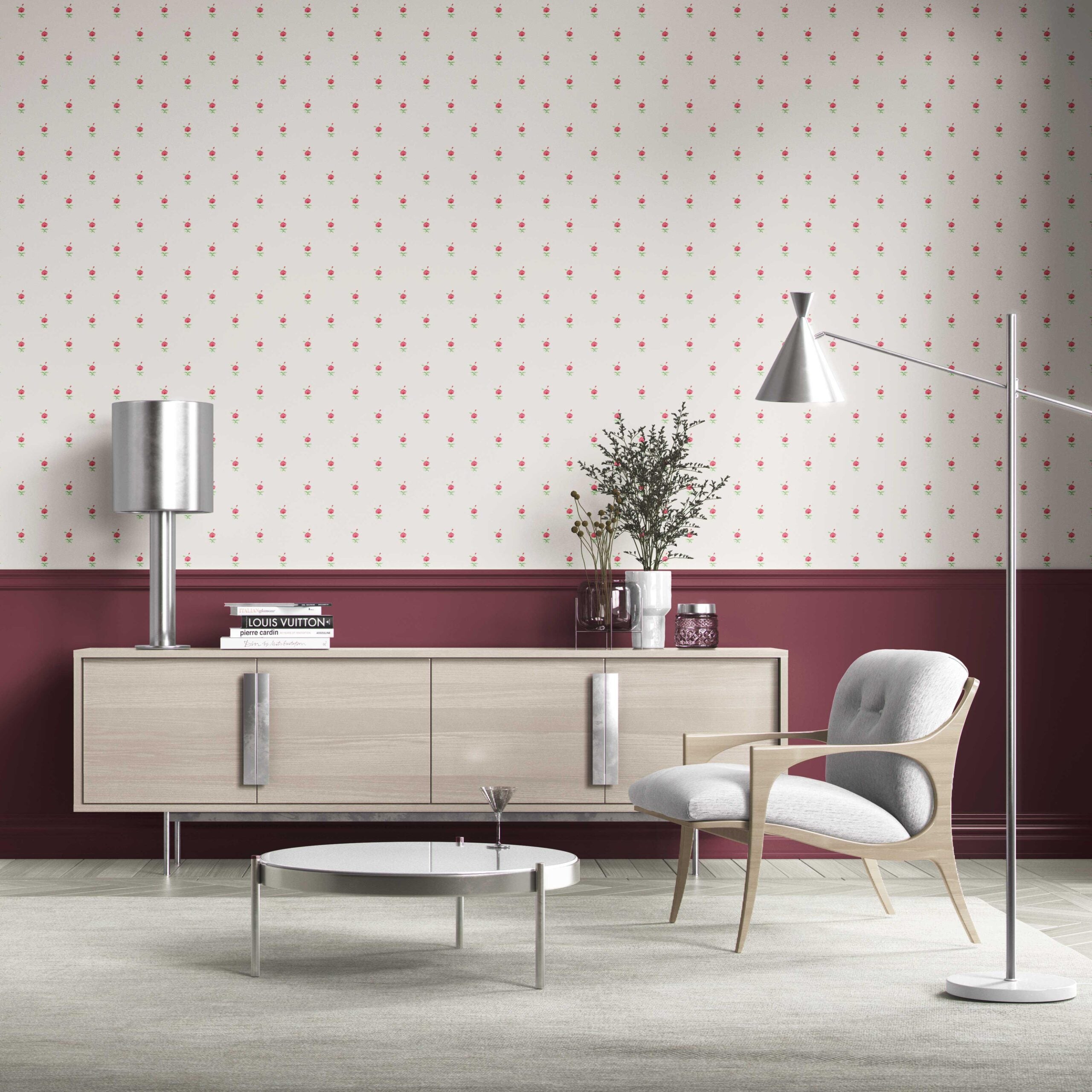 Vintage-Inspired Floral Block Print Traditional Wallpaper (White/ Pink/ Green)
