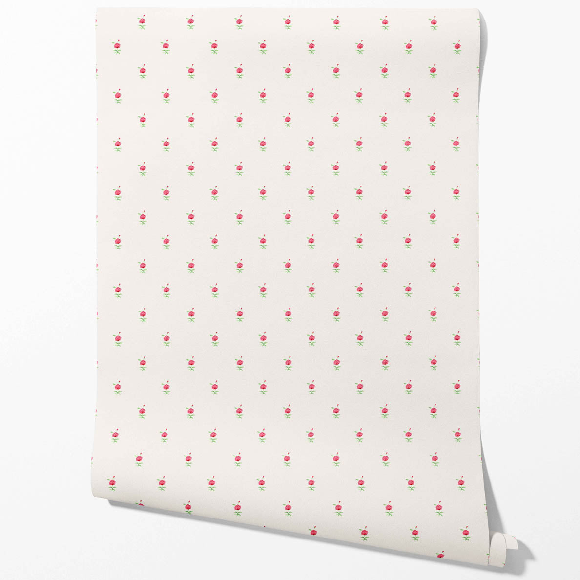 Vintage-Inspired Floral Block Print Bathroom Wallpaper Sample (White/ Pink/ Green)