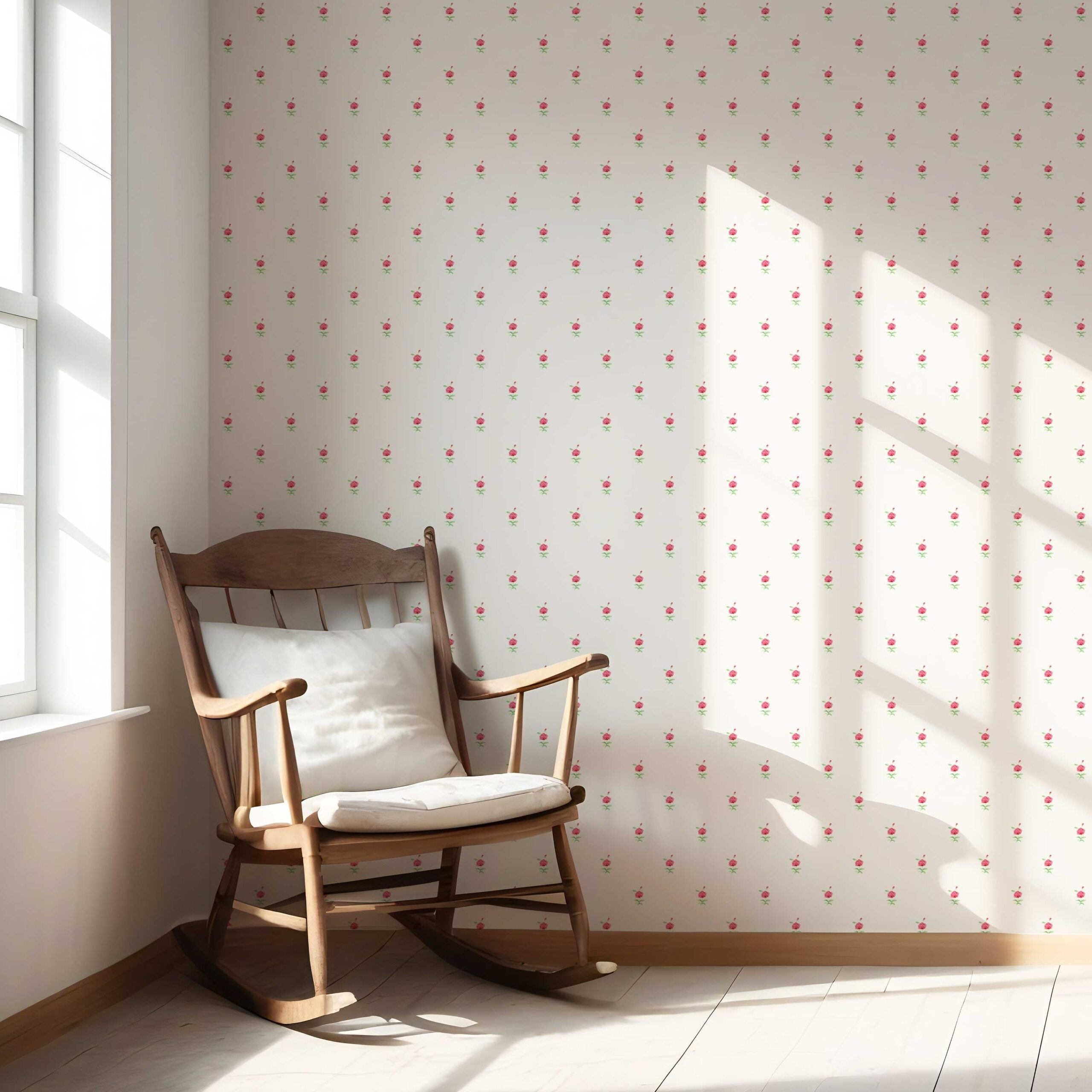 Vintage-Inspired Floral Block Print Nursery Wallpaper Sample (White/ Pink/ Green)