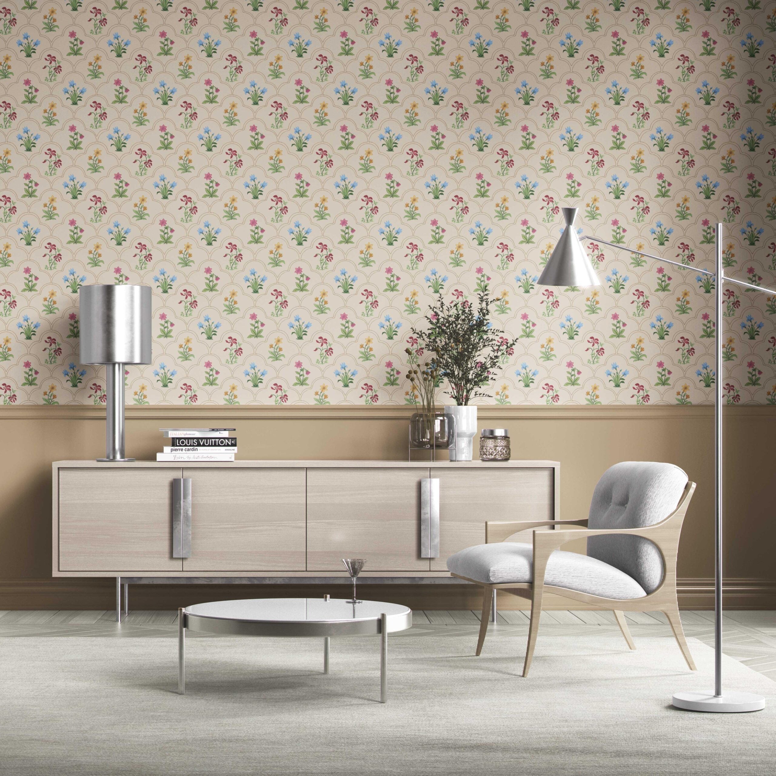 Vintage-Inspired Floral Block Print Kitchen Wallpaper Sample (Beige/ Red/ Pink/ Blue/ Yellow/ Green)