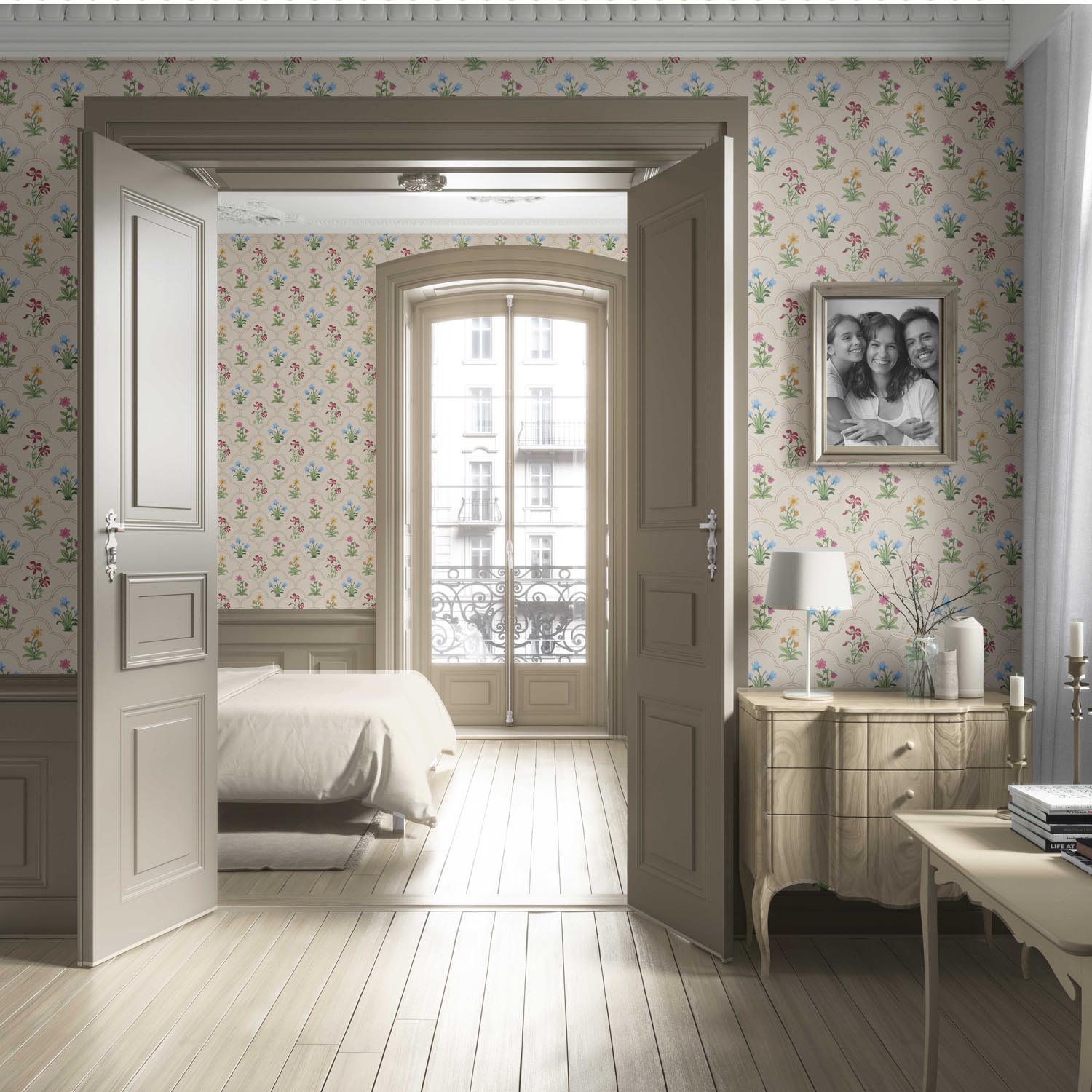 Vintage-Inspired Floral Block Print Living Room Wallpaper Sample (Beige/ Red/ Pink/ Blue/ Yellow/ Green)
