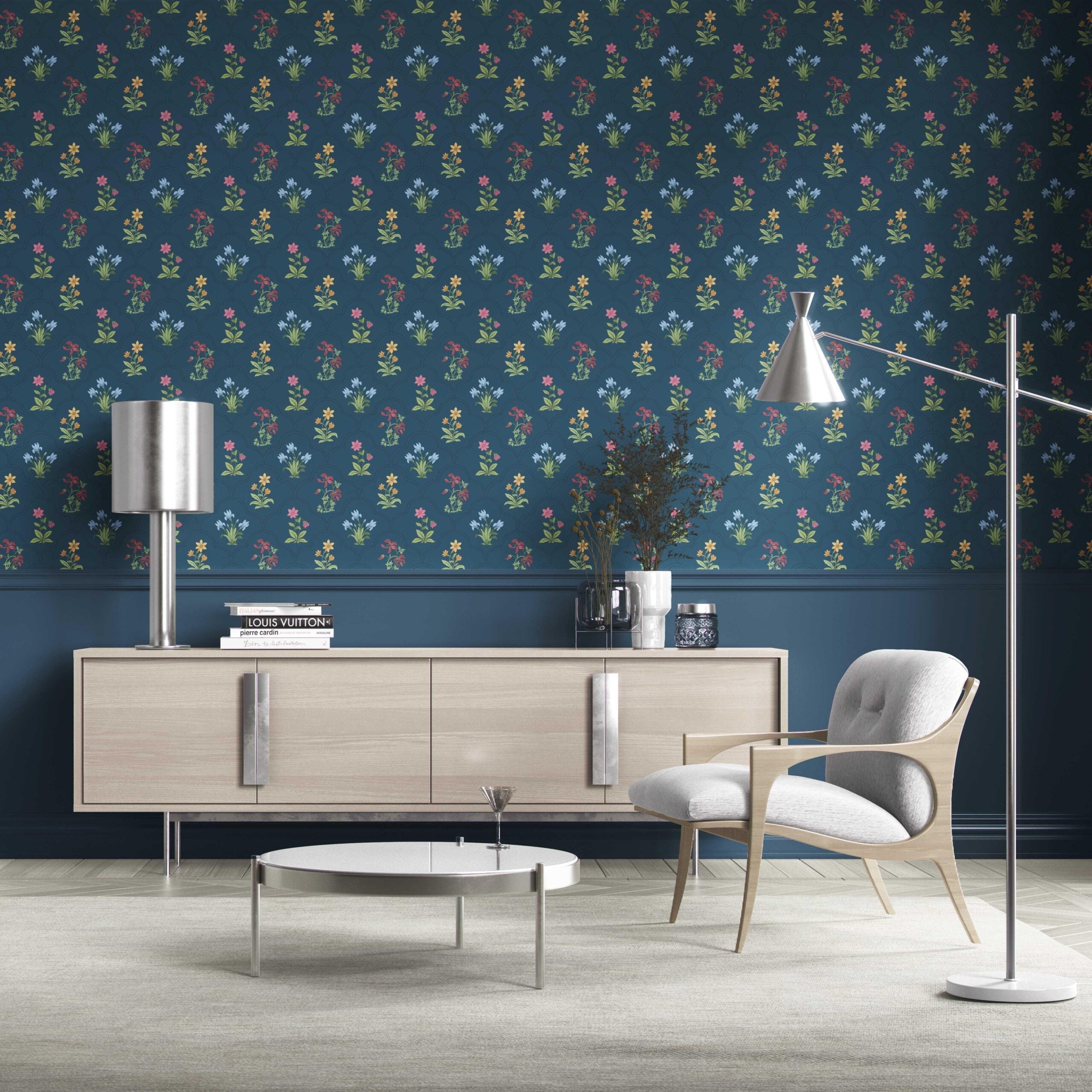 Vintage-Inspired Floral Block Print Kitchen Wallpaper Sample (Teal Blue/ Red/ Pink/ Yellow/ Green)