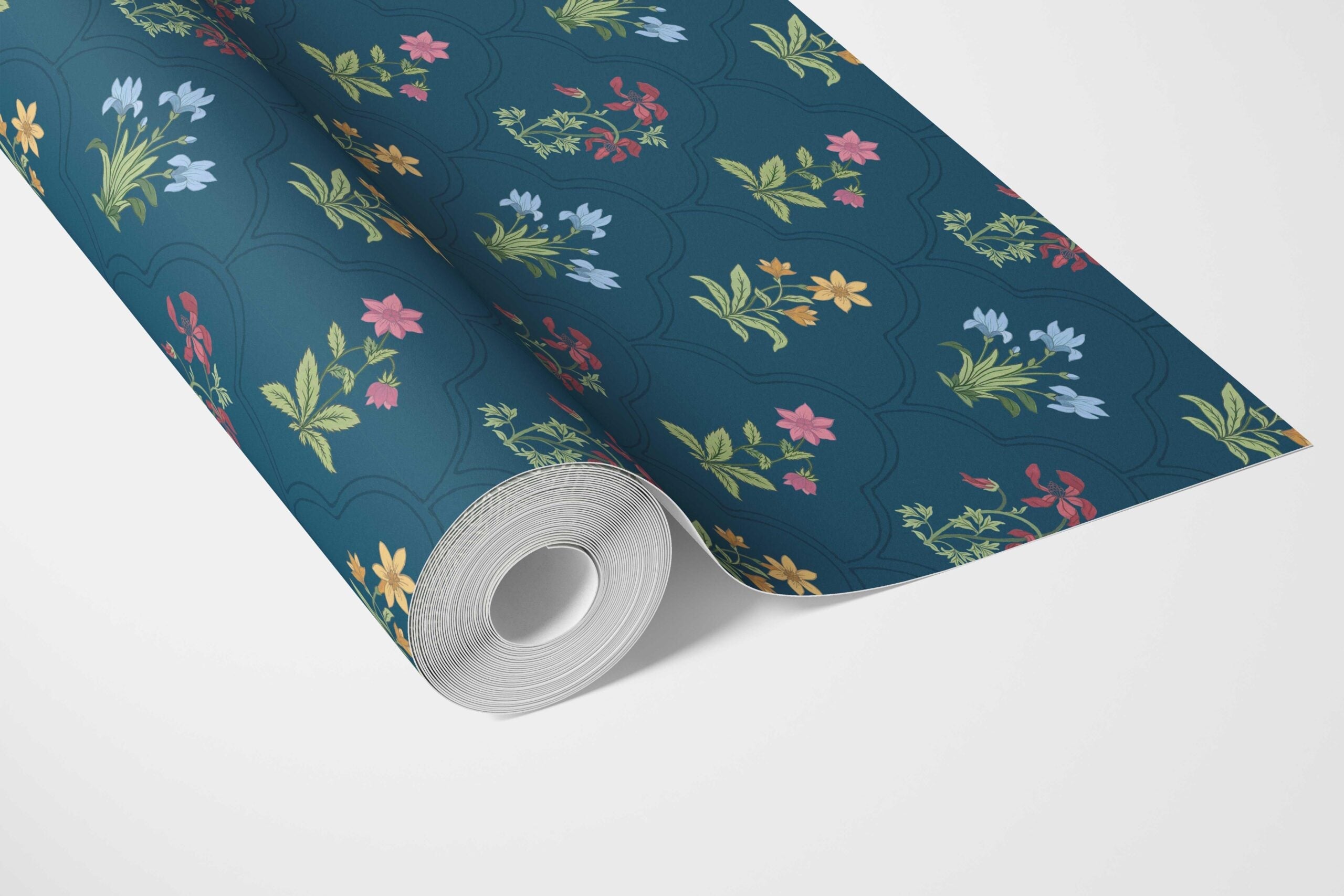 Vintage-Inspired Floral Block Print Bathroom Wallpaper Sample (Teal Blue/ Red/ Pink/ Yellow/ Green)