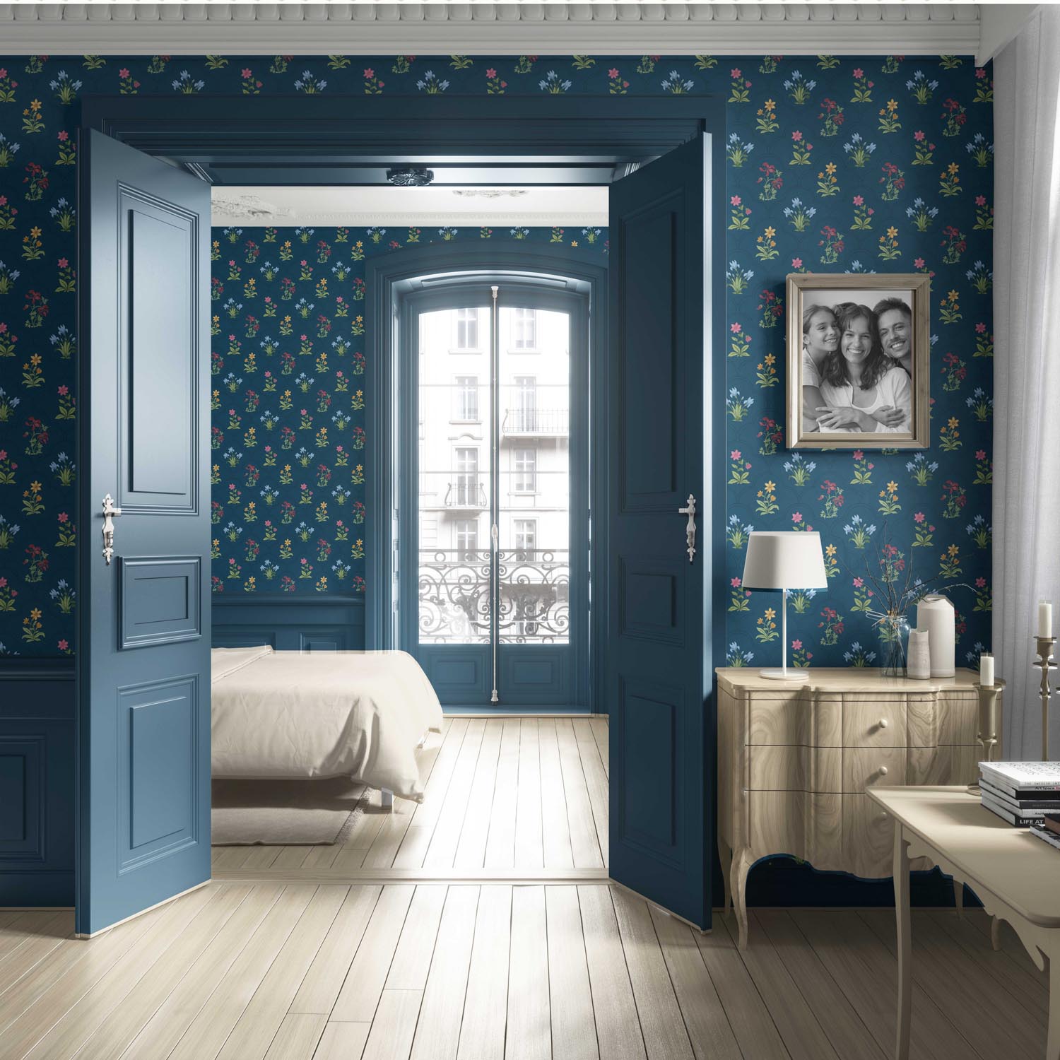 Vintage-Inspired Floral Block Print Living Room Wallpaper Sample (Teal Blue/ Red/ Pink/ Yellow/ Green)