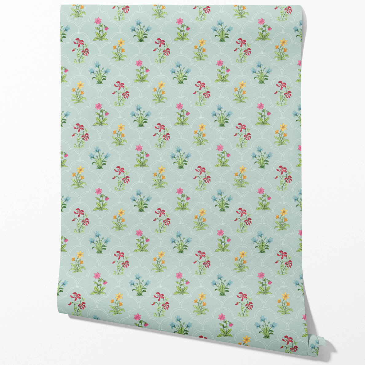 Vintage-Inspired Floral Block Print Traditional Wallpaper (Duck Egg Blue/ Pink/ Red/ Yellow/ Green)
