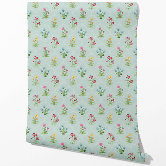 Vintage-Inspired Floral Block Print Traditional Wallpaper (Duck Egg Blue/ Pink/ Red/ Yellow/ Green)