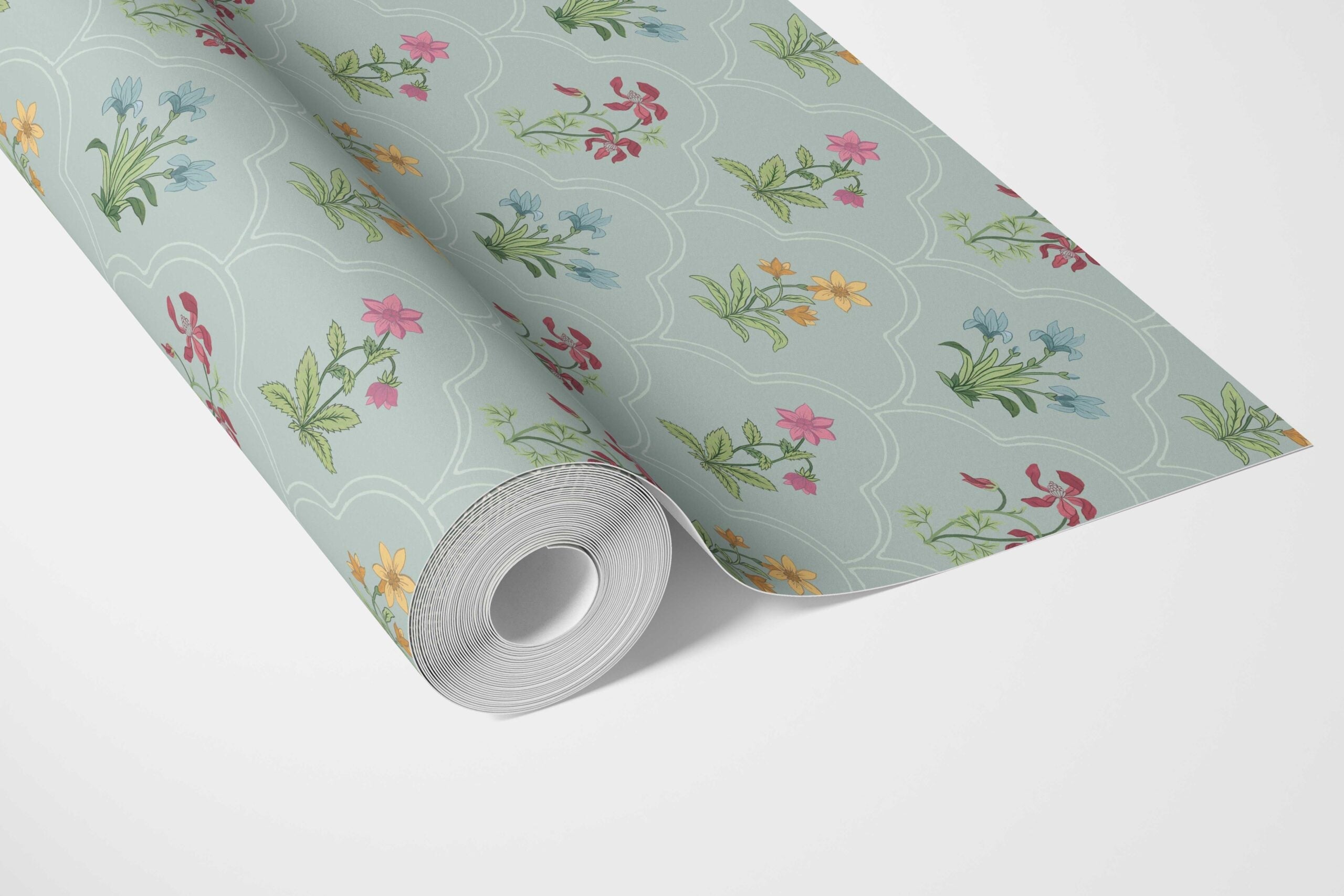 Vintage-Inspired Floral Block Print Bathroom Wallpaper Sample (Duck Egg Blue/ Pink/ Red/ Yellow/ Green)