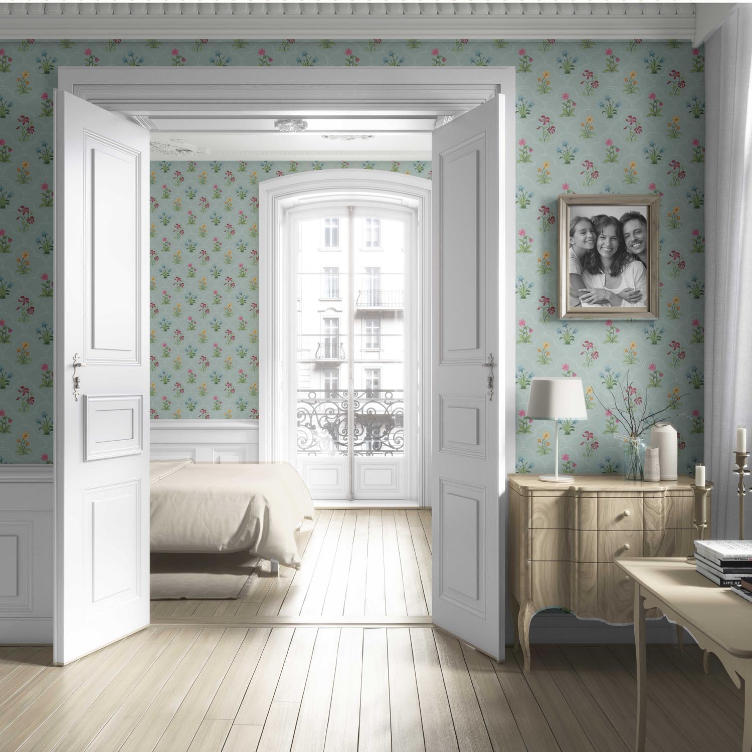 Vintage-Inspired Floral Block Print Living Room Wallpaper Sample (Duck Egg Blue/ Pink/ Red/ Yellow/ Green)