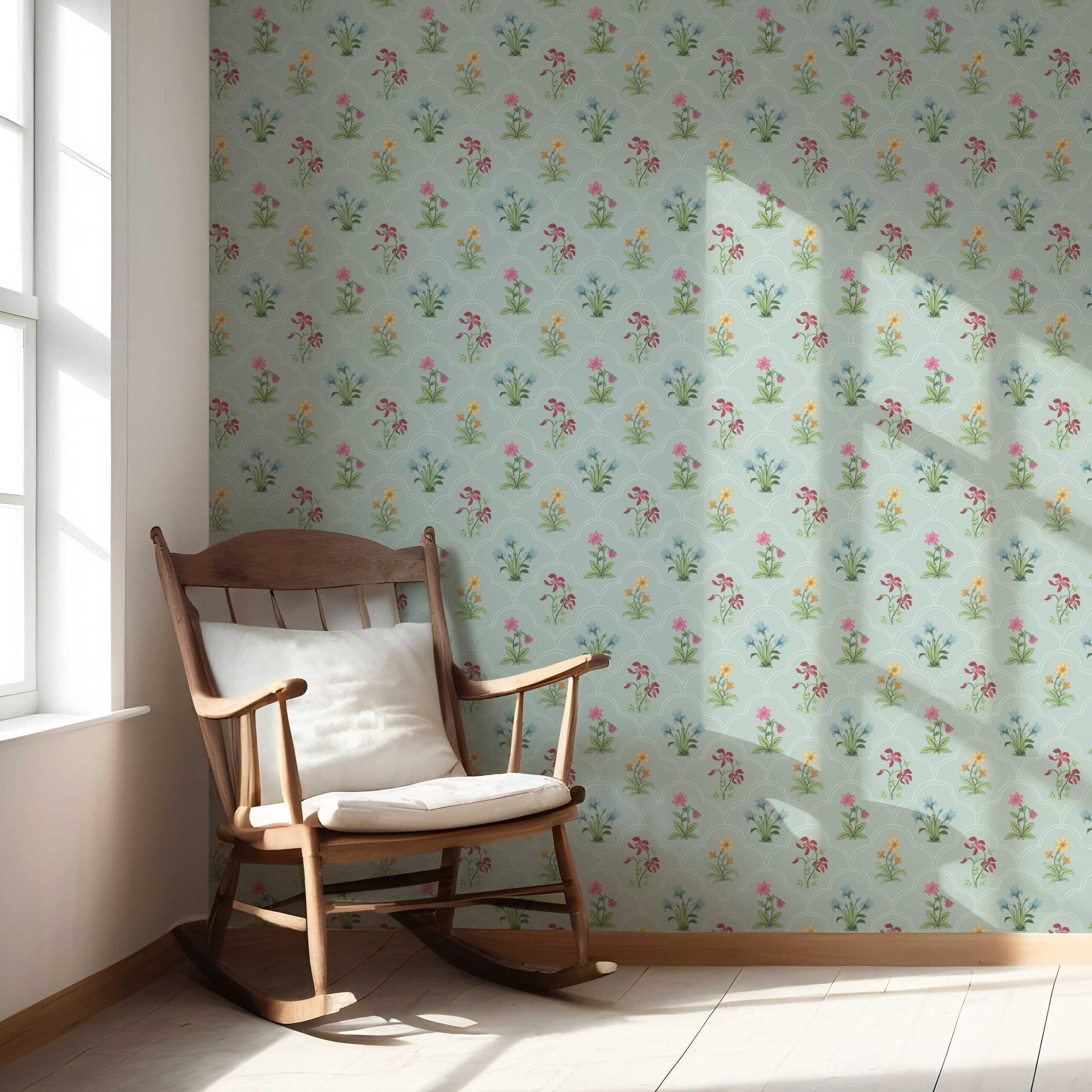 Vintage-Inspired Floral Block Print Nursery Wallpaper Sample (Duck Egg Blue/ Pink/ Red/ Yellow/ Green)