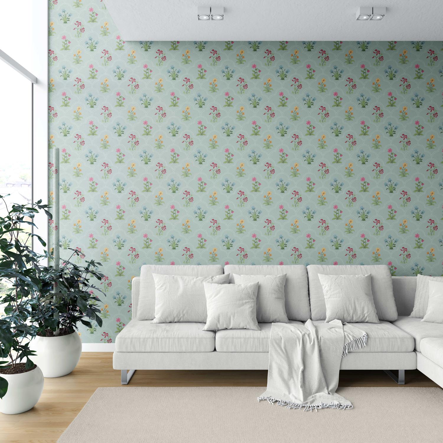 Vintage-Inspired Floral Block Print Shower Toilet Wallpaper Sample (Duck Egg Blue/ Pink/ Red/ Yellow/ Green)