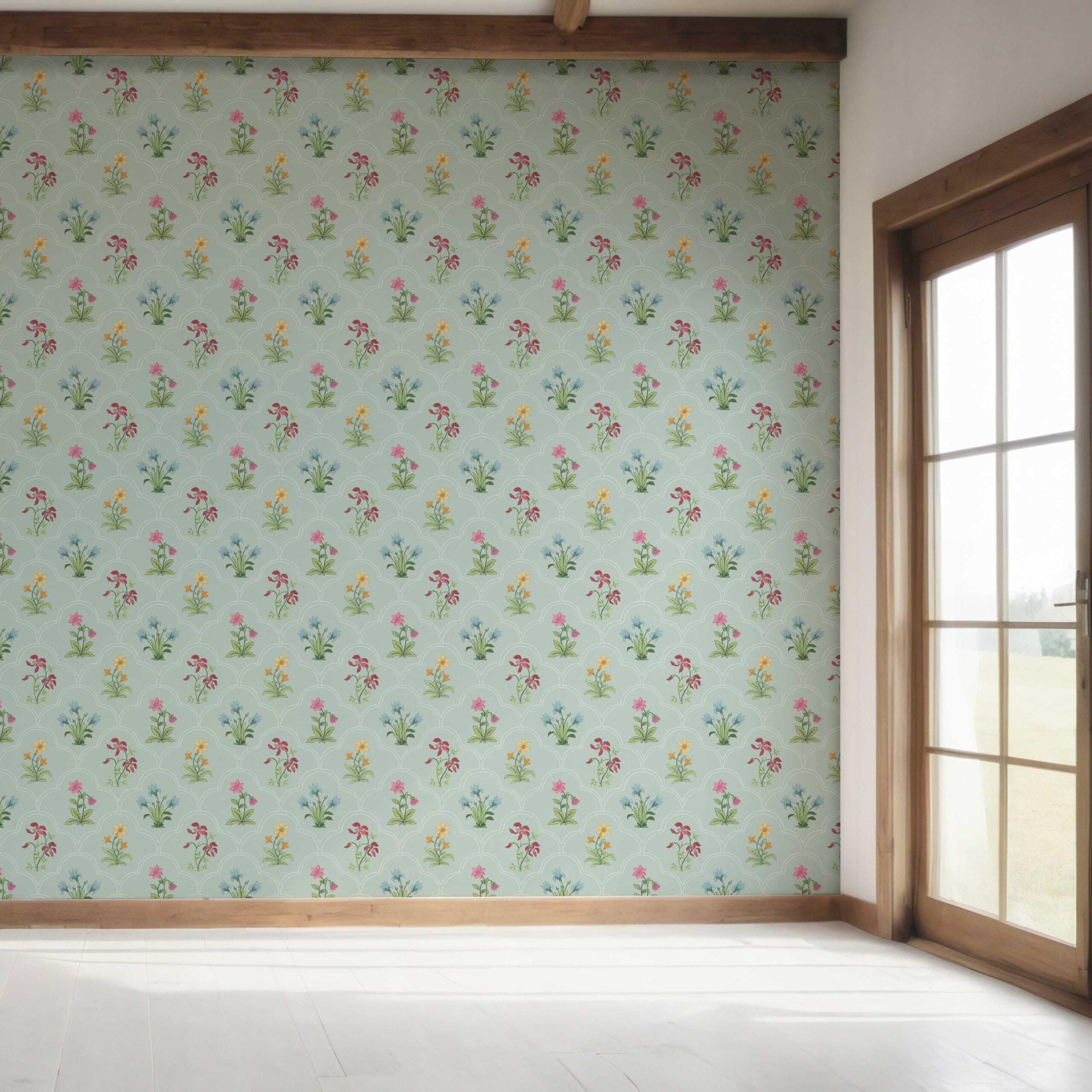 Vintage-Inspired Floral Block Print Bedroom Wallpaper Sample (Duck Egg Blue/ Pink/ Red/ Yellow/ Green)