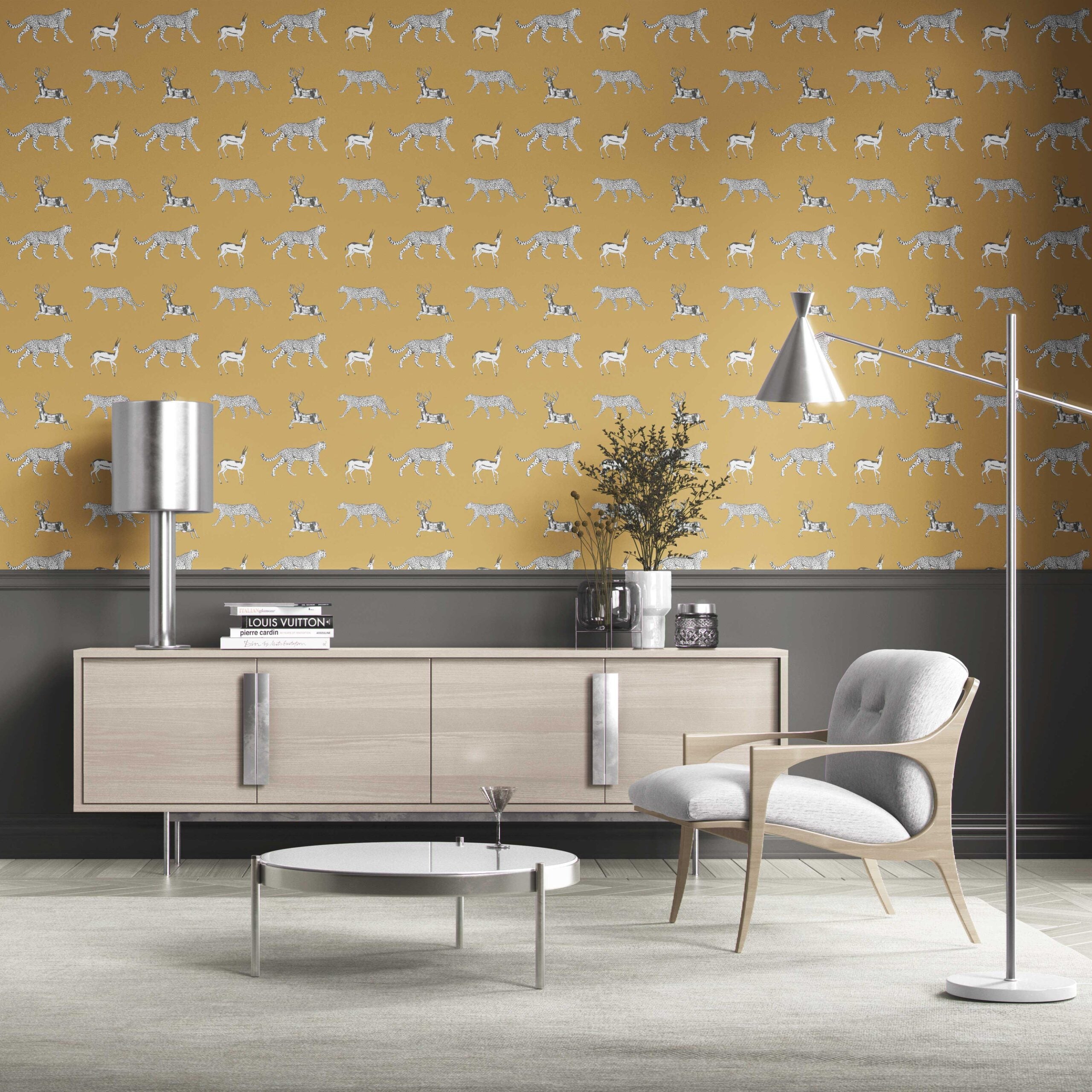 Leopard Animal Print Kitchen Wallpaper (Yellow/ White/ Gray)