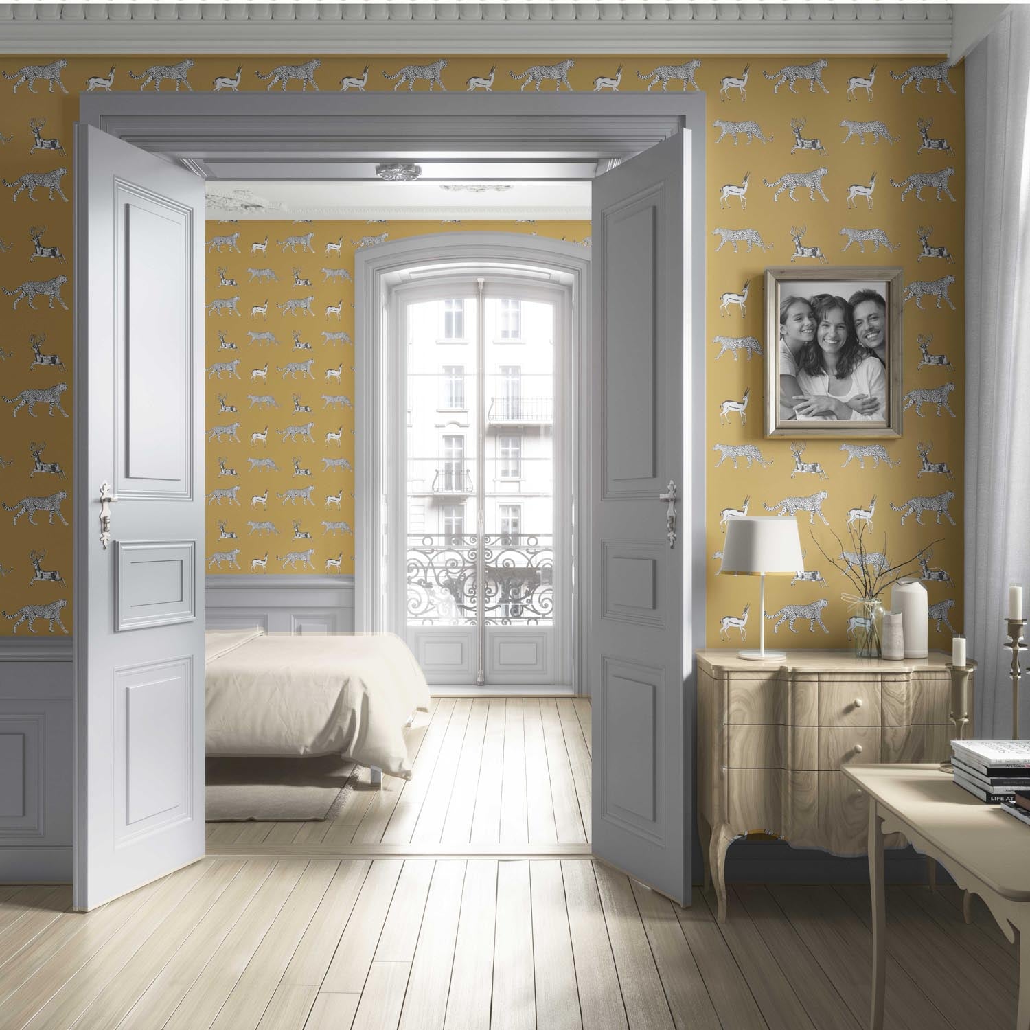 Leopard Animal Print Living Room Wallpaper (Yellow/ White/ Gray)