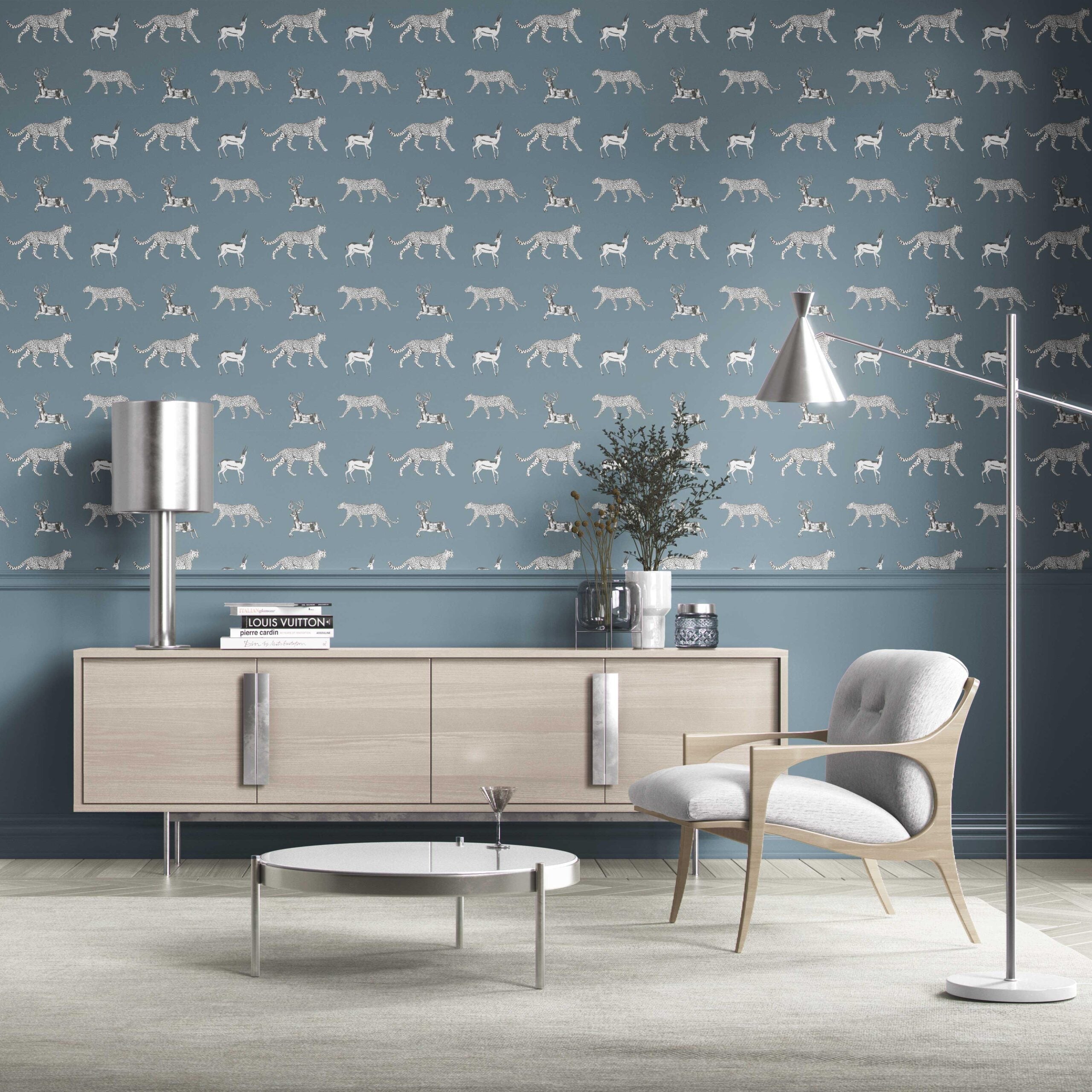 Leopard Animal Print Kitchen Wallpaper Sample (Slate Blue/ White)