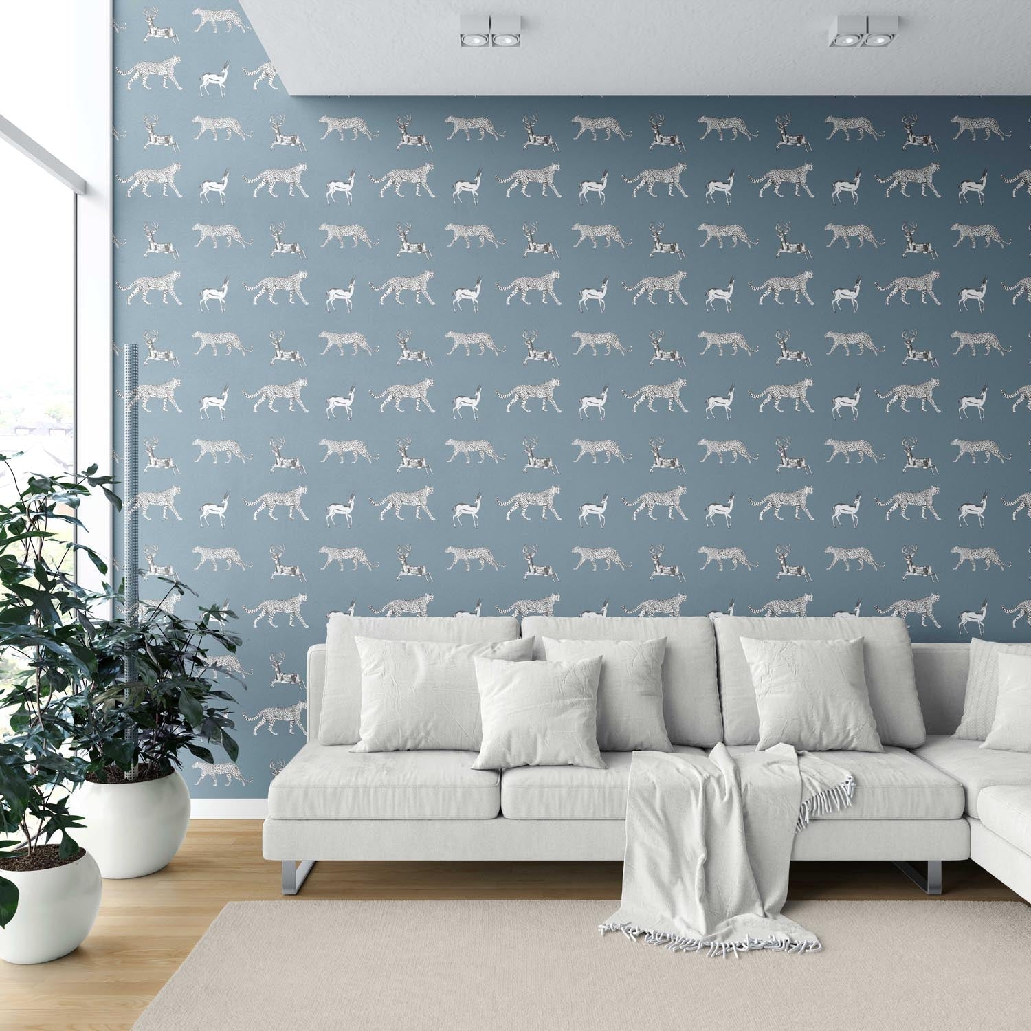 Leopard Animal Print Shower Toilet Wallpaper Sample (Slate Blue/ White)