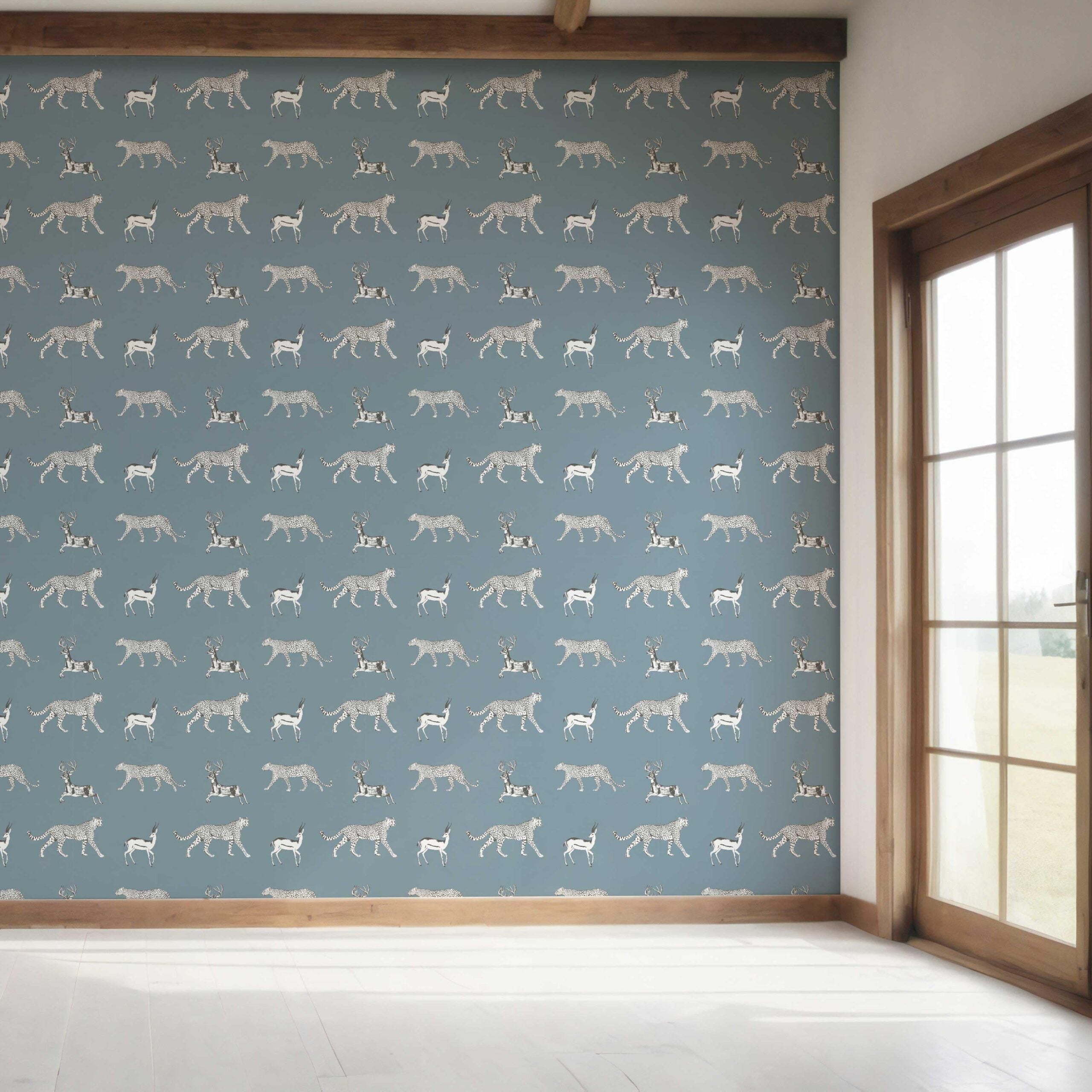 Leopard Animal Print Bedroom Wallpaper (Slate Blue/ White)