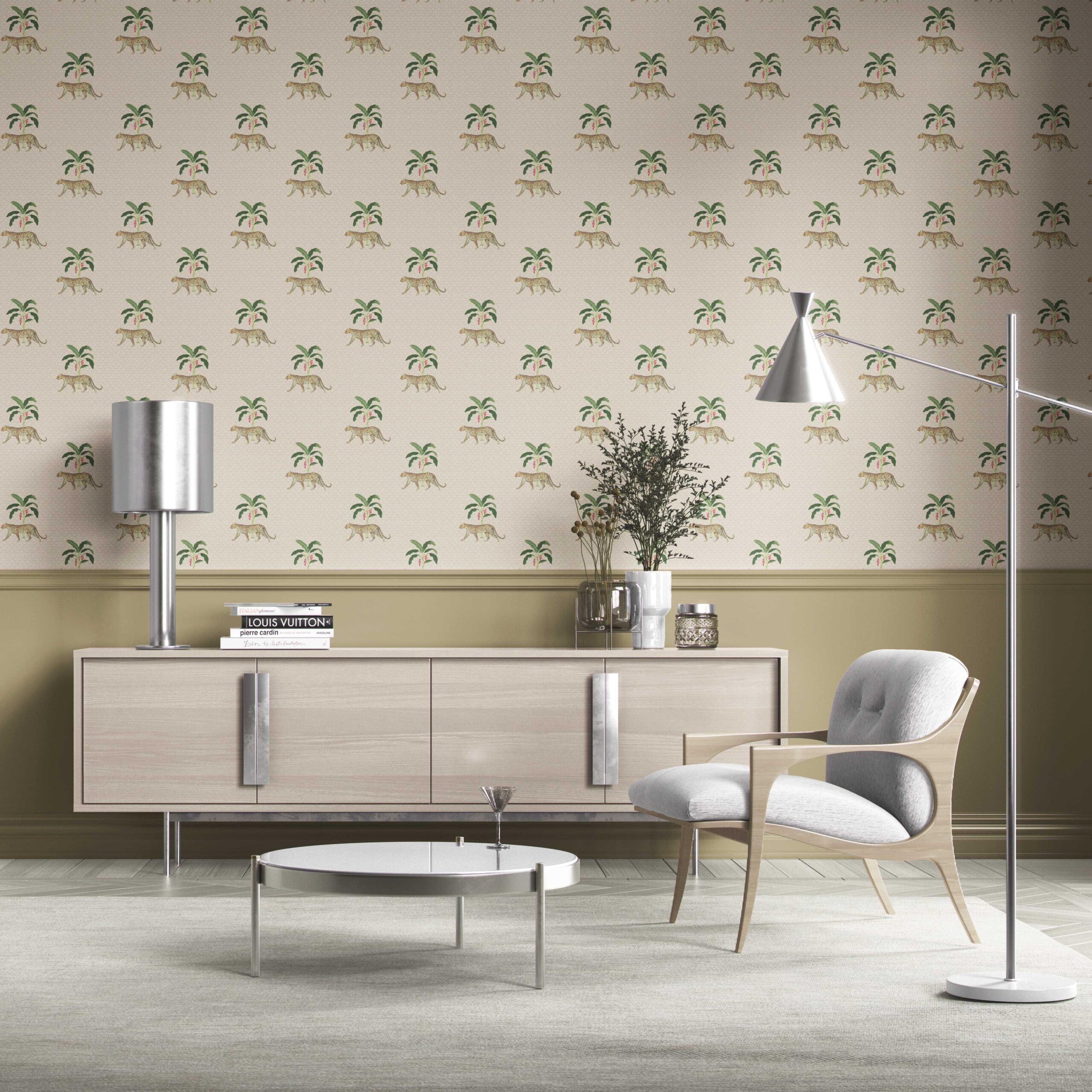 Leopard Animal Print Kitchen Wallpaper Sample (Beige/ Tan/ Green/ Red)