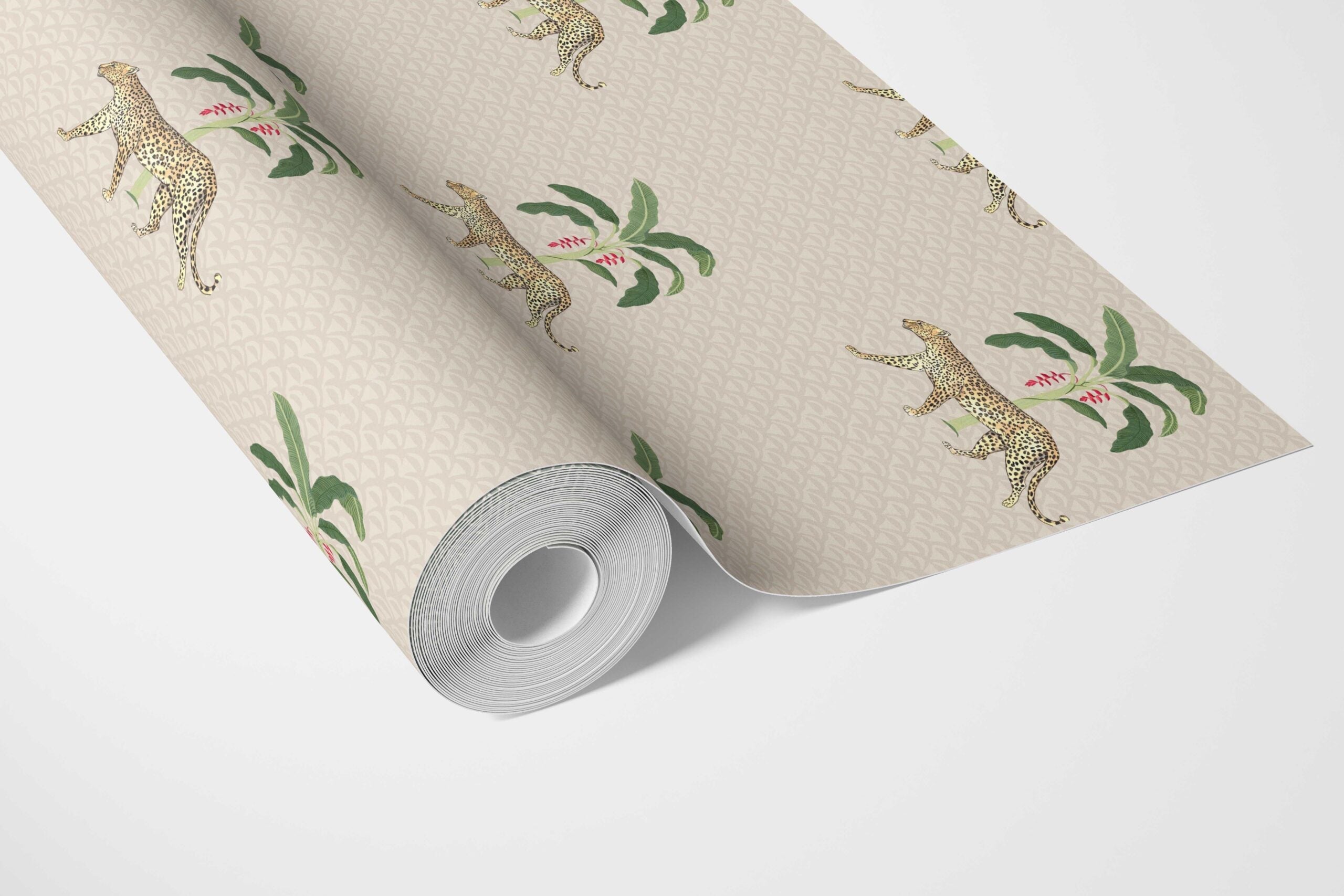 Leopard Animal Print Bathroom Wallpaper Sample (Beige/ Tan/ Green/ Red)