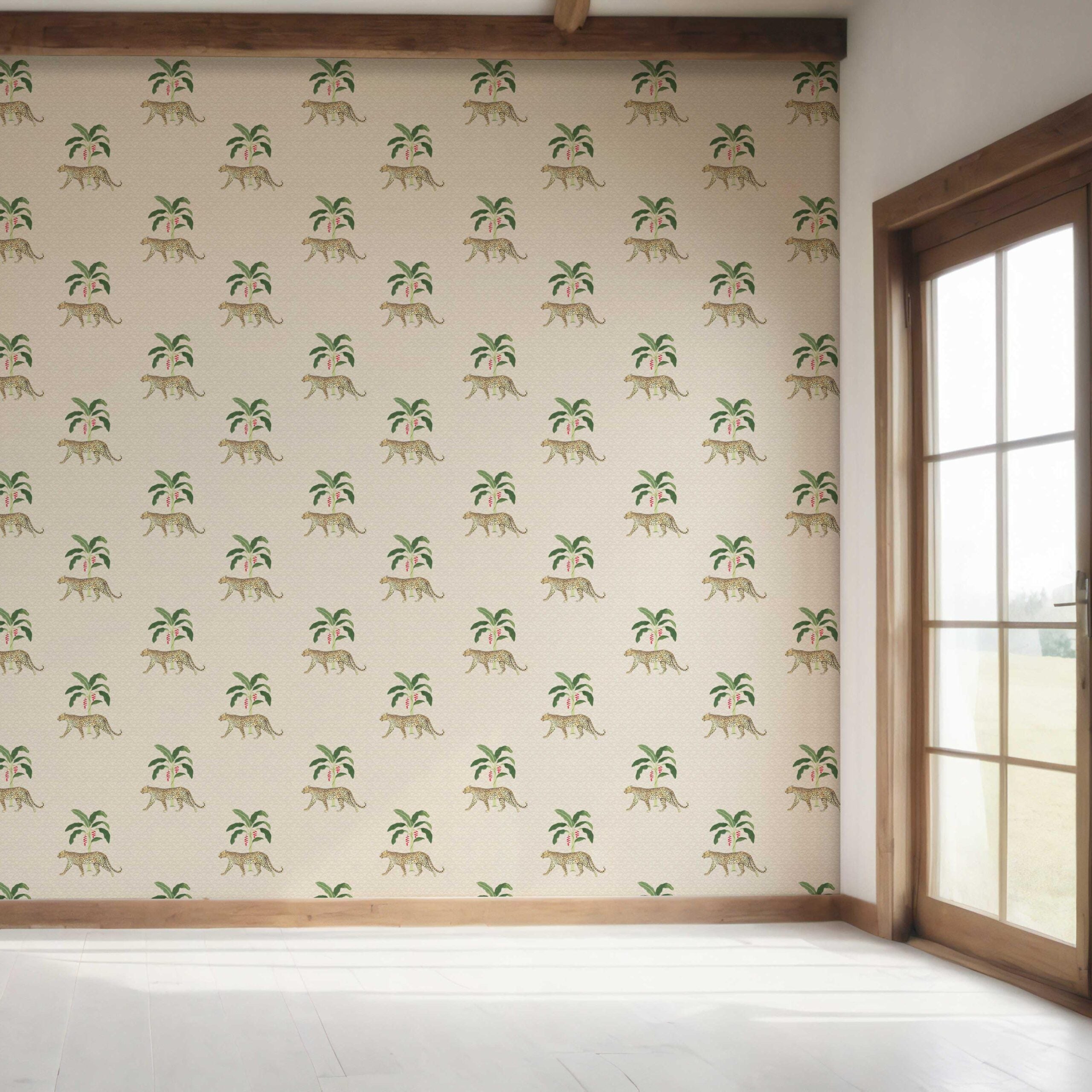 Leopard Animal Print Bedroom Wallpaper Sample (Beige/ Tan/ Green/ Red)