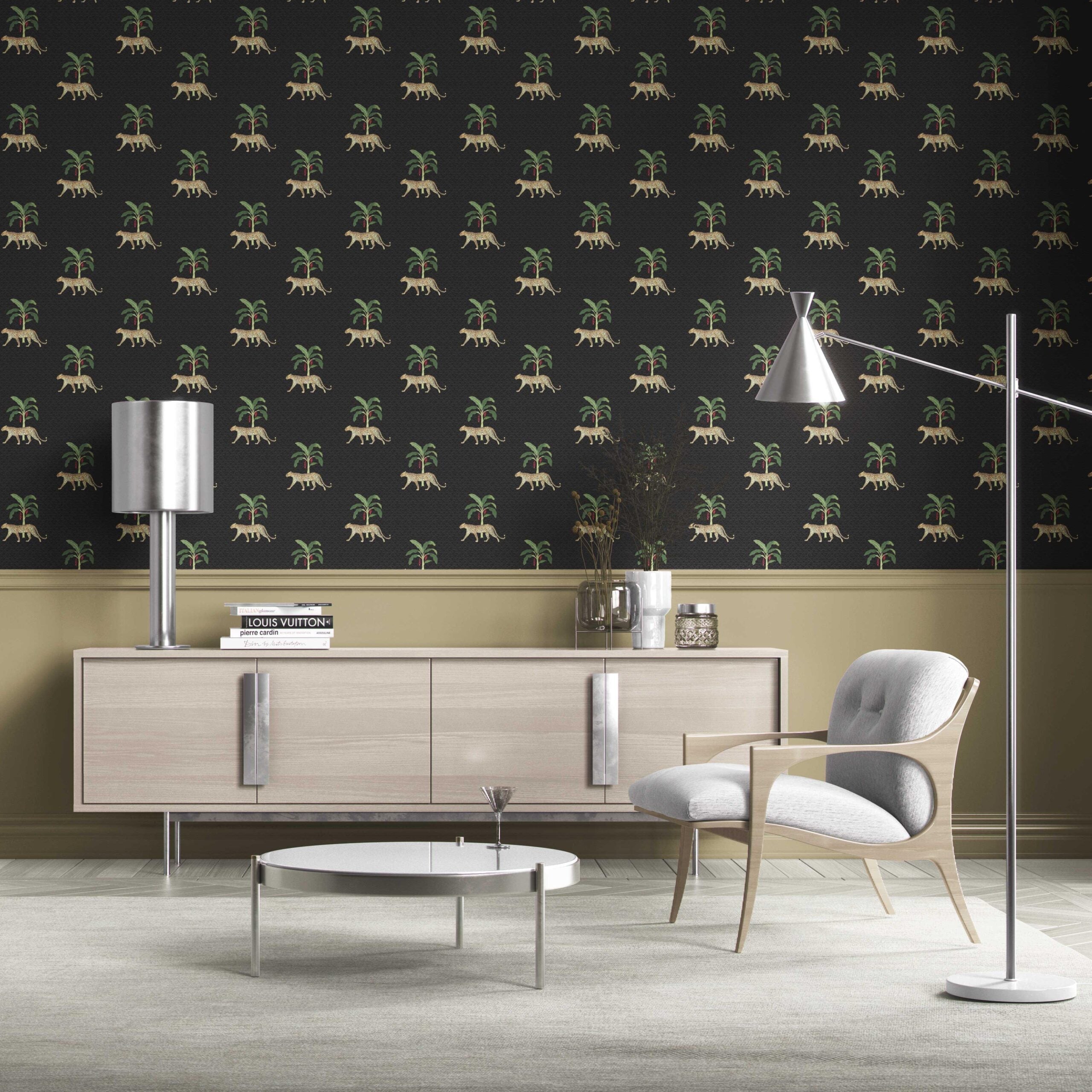 Leopard Animal Print Kitchen Wallpaper Sample (Black/ Tan/ Red/ Green)