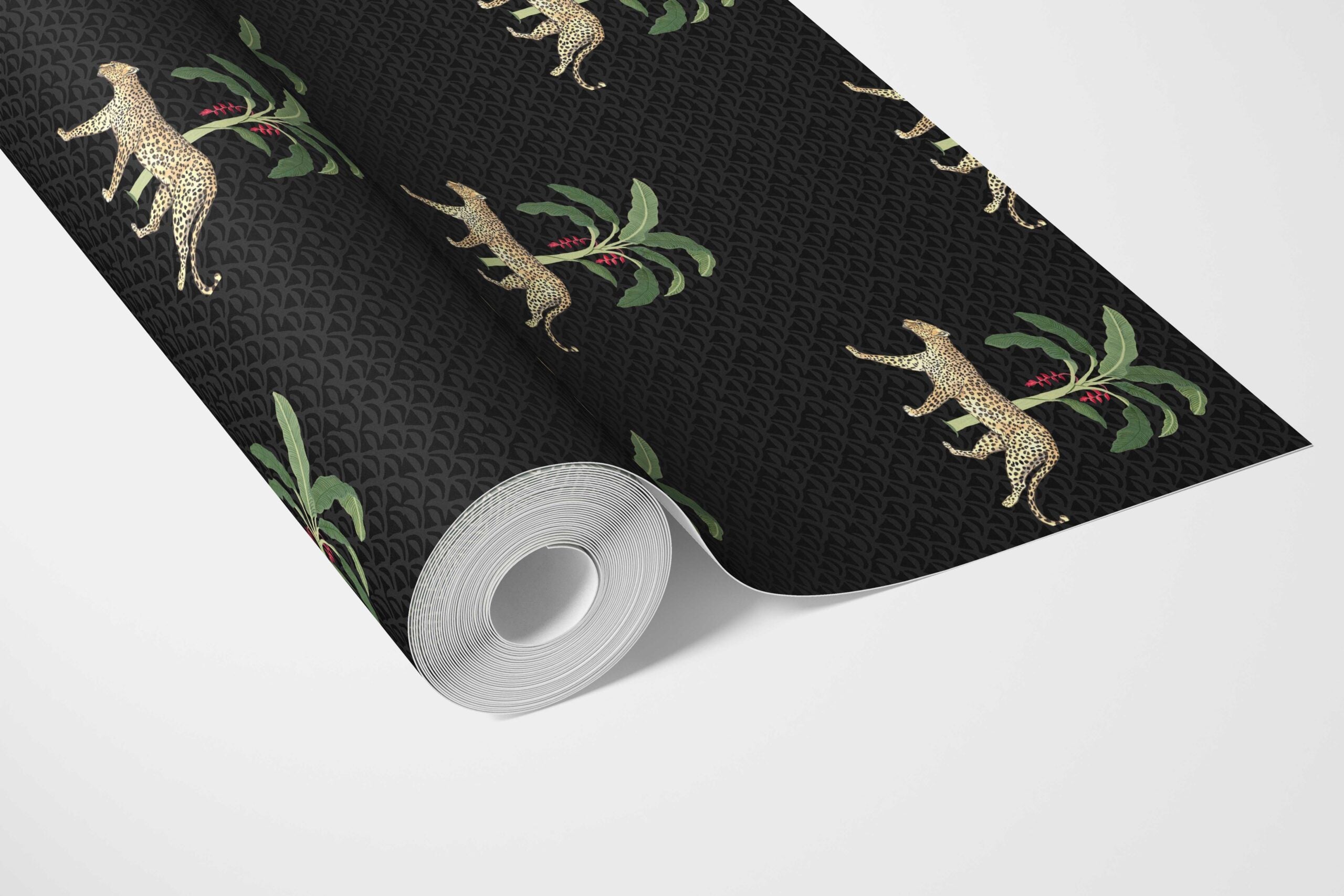 Leopard Animal Print Bathroom Wallpaper Sample (Black/ Tan/ Red/ Green)