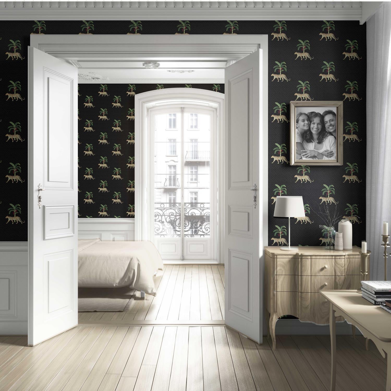 Leopard Animal Print Living Room Wallpaper Sample (Black/ Tan/ Red/ Green)