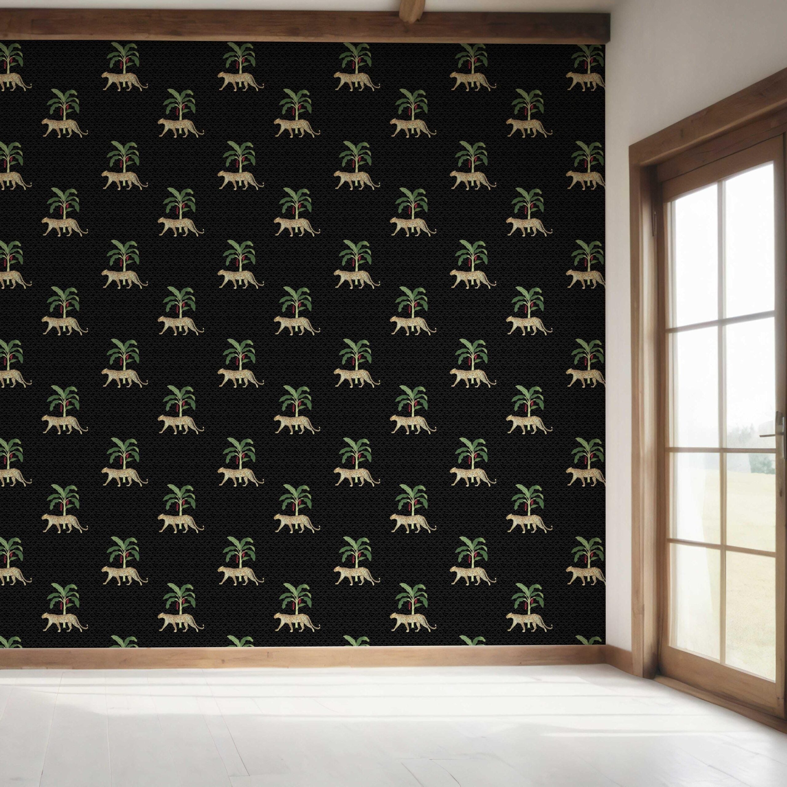 Leopard Animal Print Bedroom Wallpaper Sample (Black/ Tan/ Red/ Green)