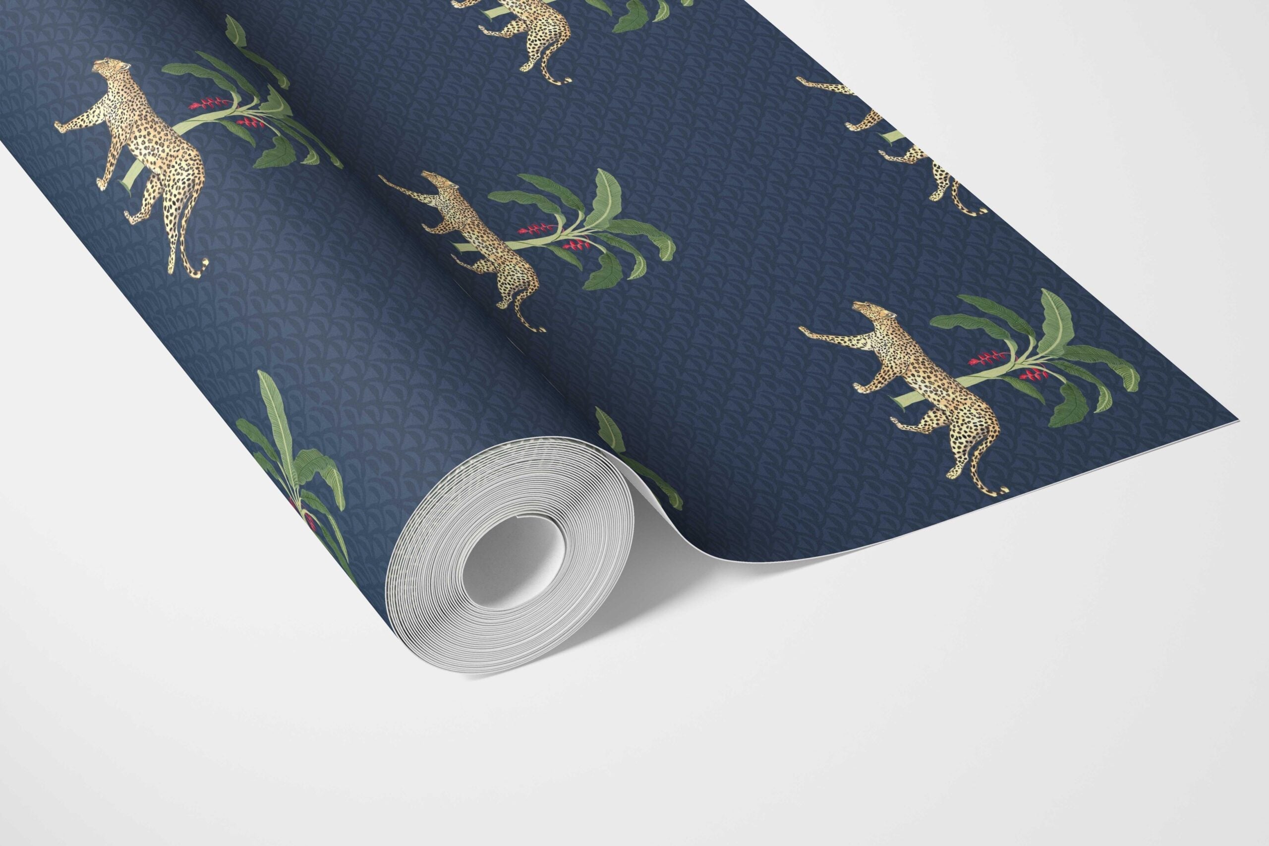 Leopard Animal Print Bathroom Wallpaper Sample (Navy Blue/ Green/ Red/ Tan)