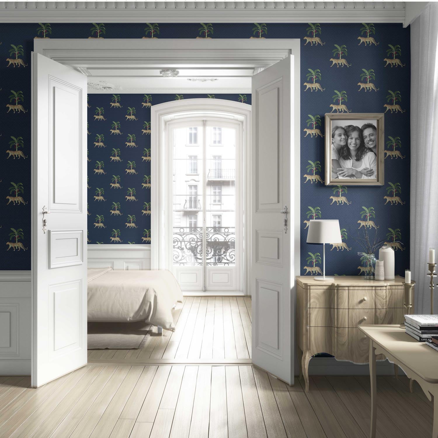 Leopard Animal Print Living Room Wallpaper Sample (Navy Blue/ Green/ Red/ Tan)