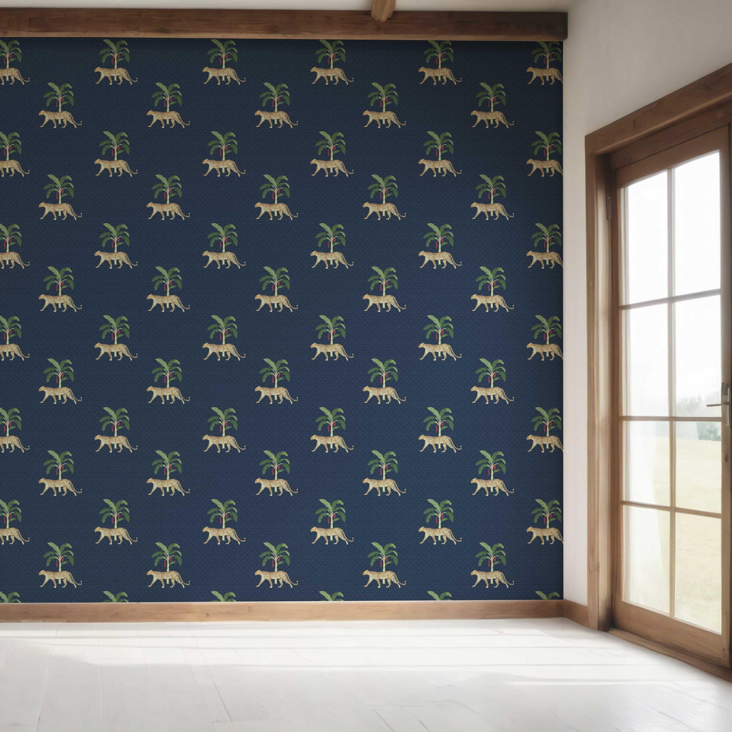 Leopard Animal Print Bedroom Wallpaper Sample (Navy Blue/ Green/ Red/ Tan)