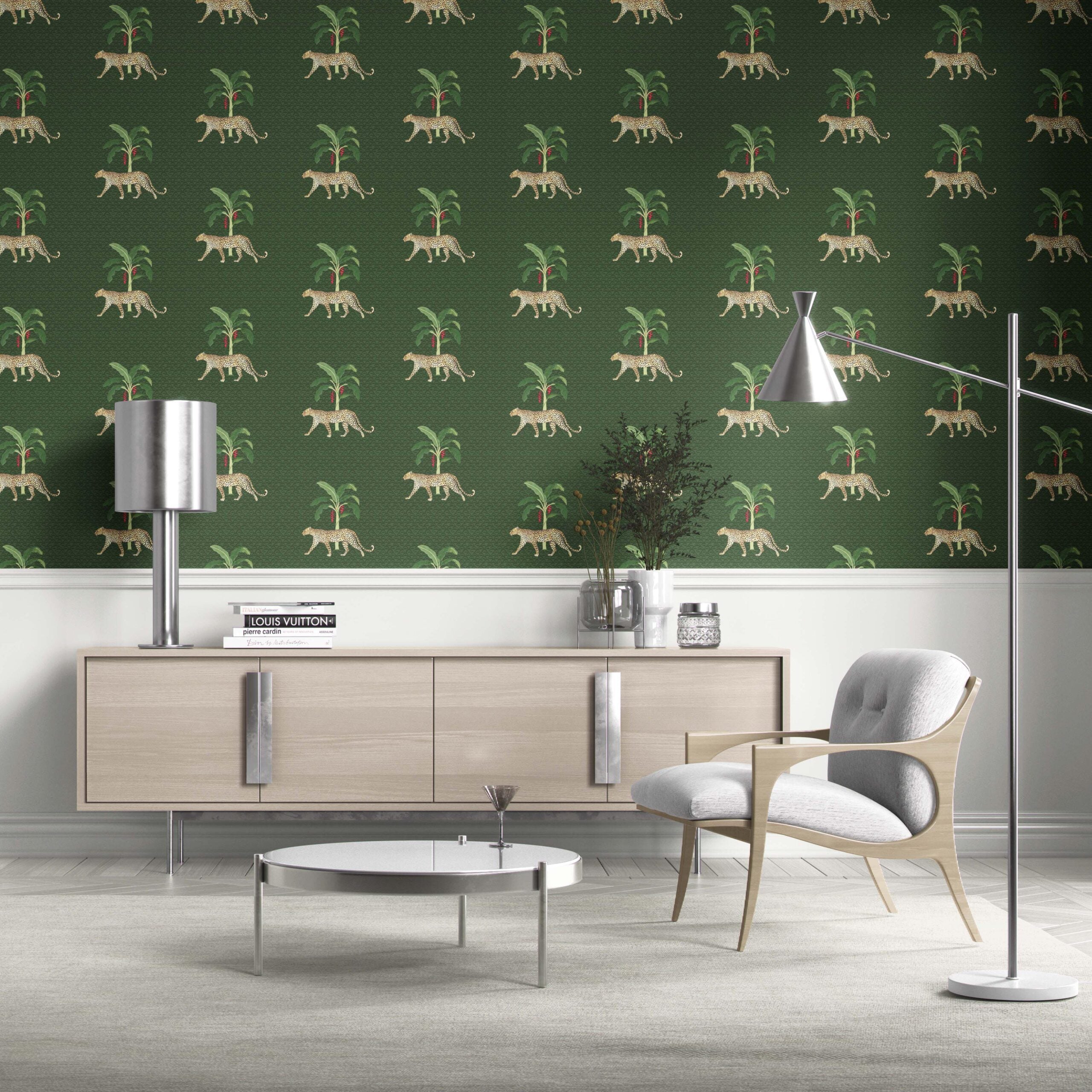 Leopard Animal Print Kitchen Wallpaper Sample (Green/ Red/ Tan)