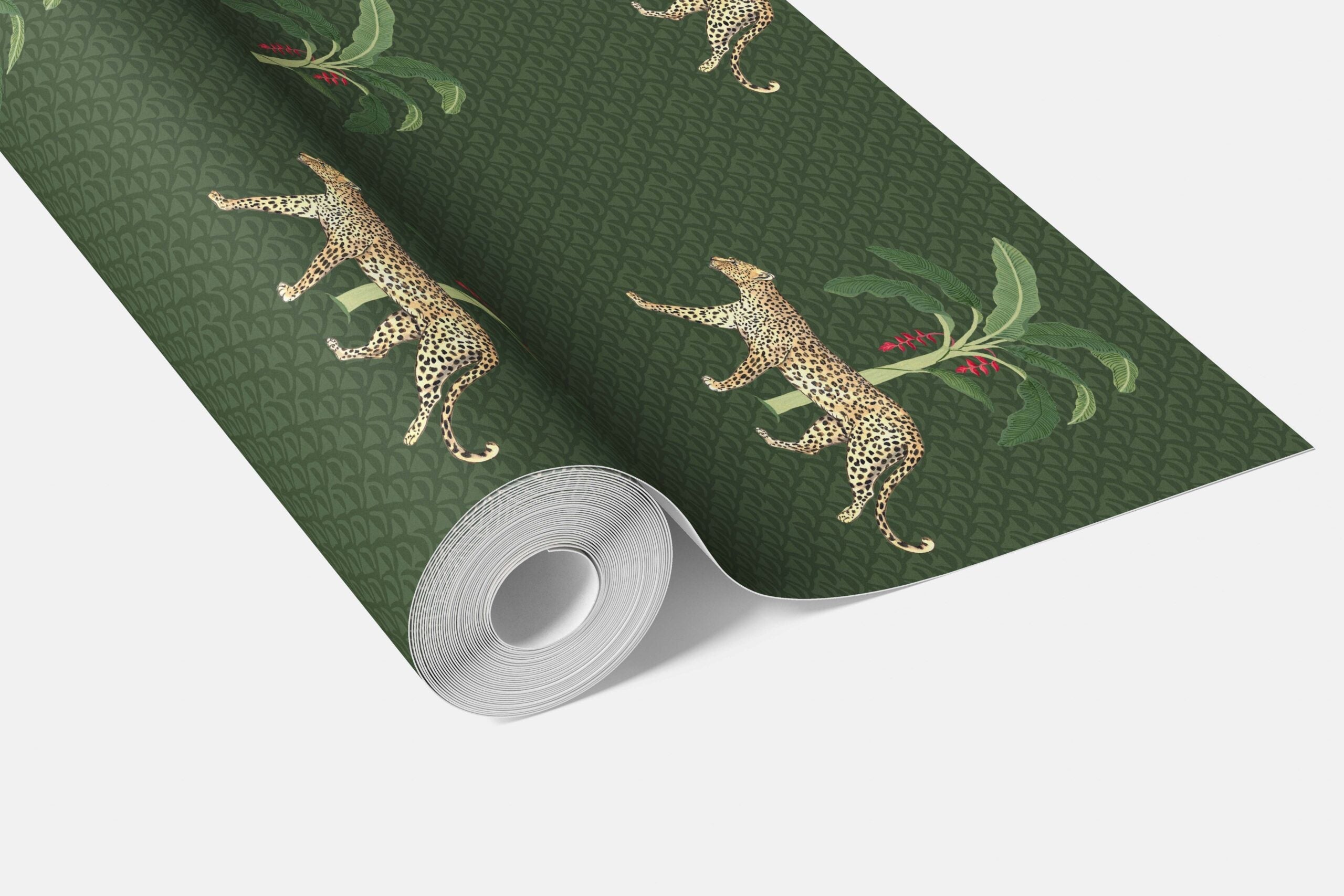 Leopard Animal Print Bathroom Wallpaper Sample (Green/ Red/ Tan)