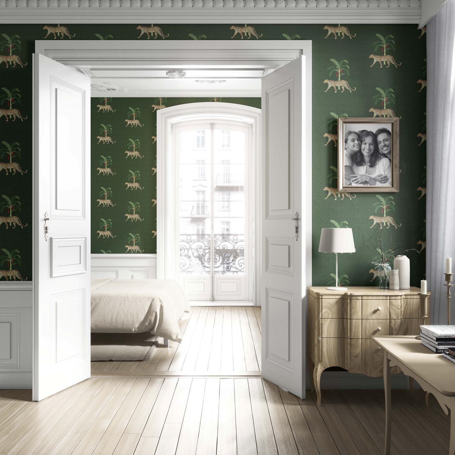 Leopard Animal Print Living Room Wallpaper Sample (Green/ Red/ Tan)