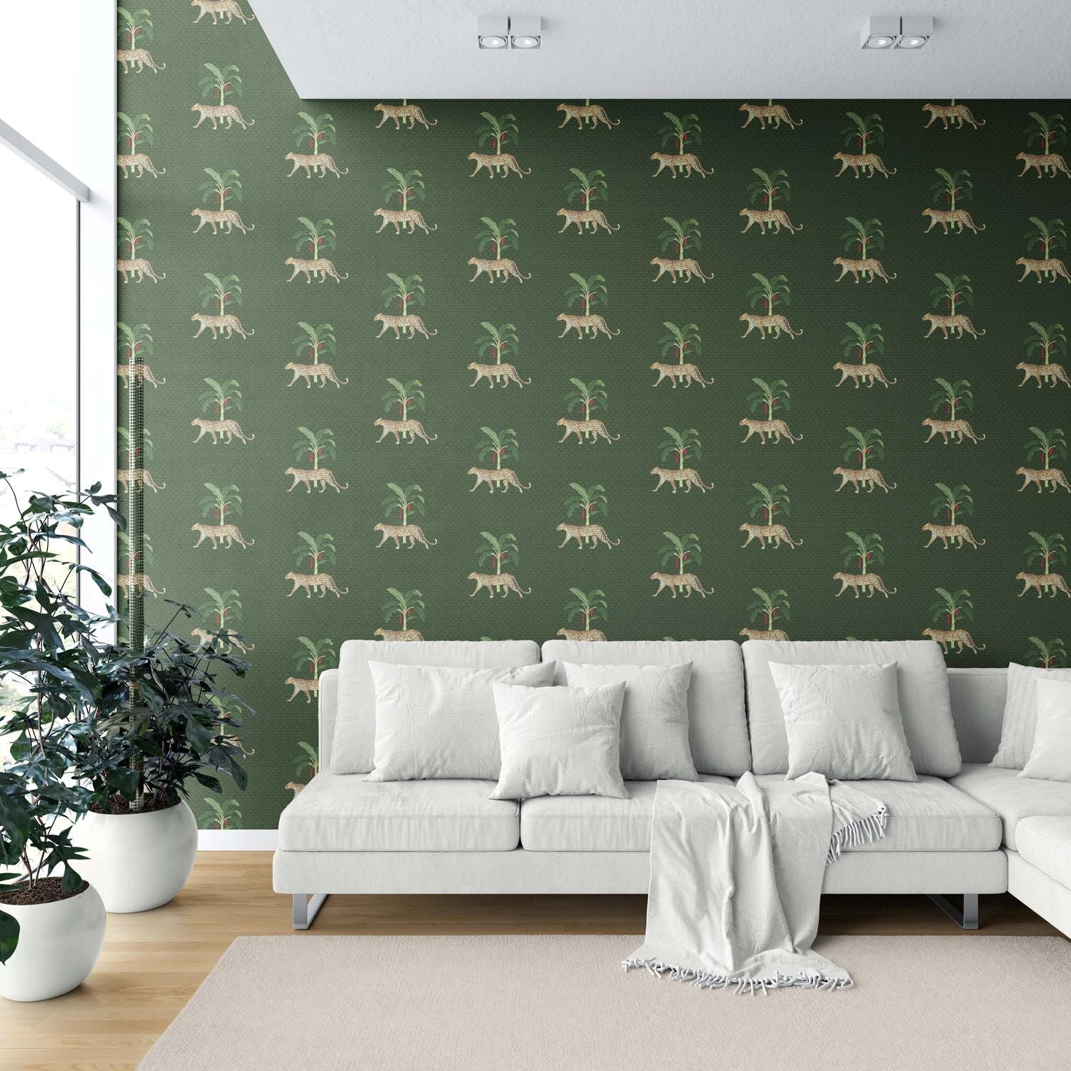 Leopard Animal Print Shower Toilet Wallpaper Sample (Green/ Red/ Tan)