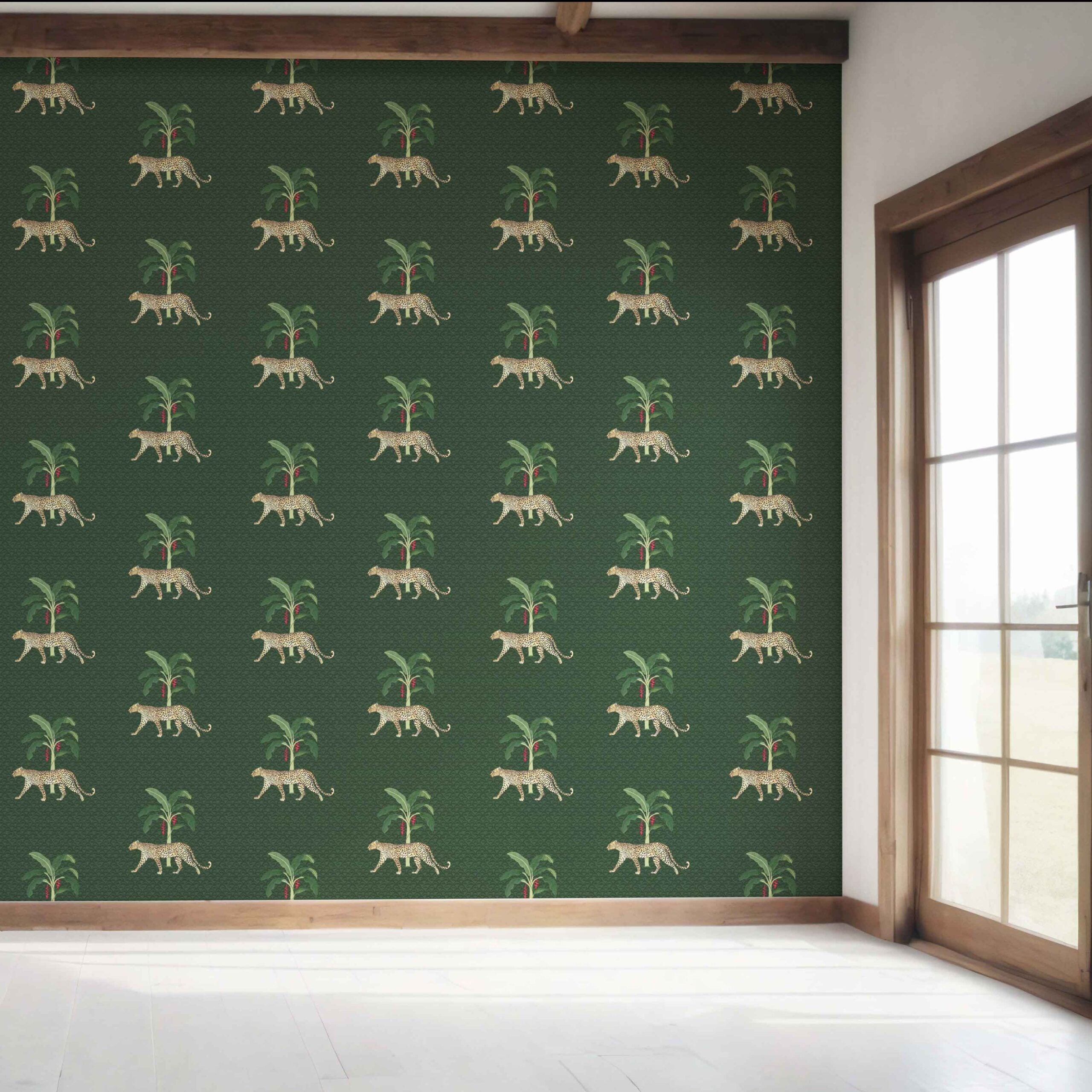 Leopard Animal Print Bedroom Wallpaper Sample (Green/ Red/ Tan)