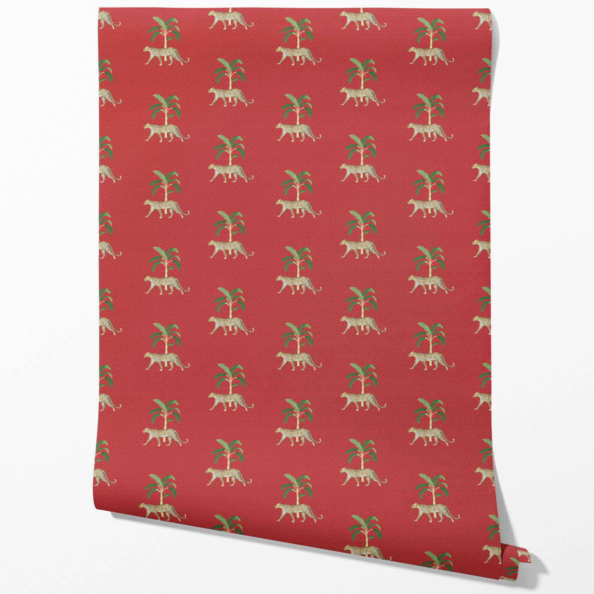 Leopard Animal Print Traditional Wallpaper (Red/ Green/ Tan)