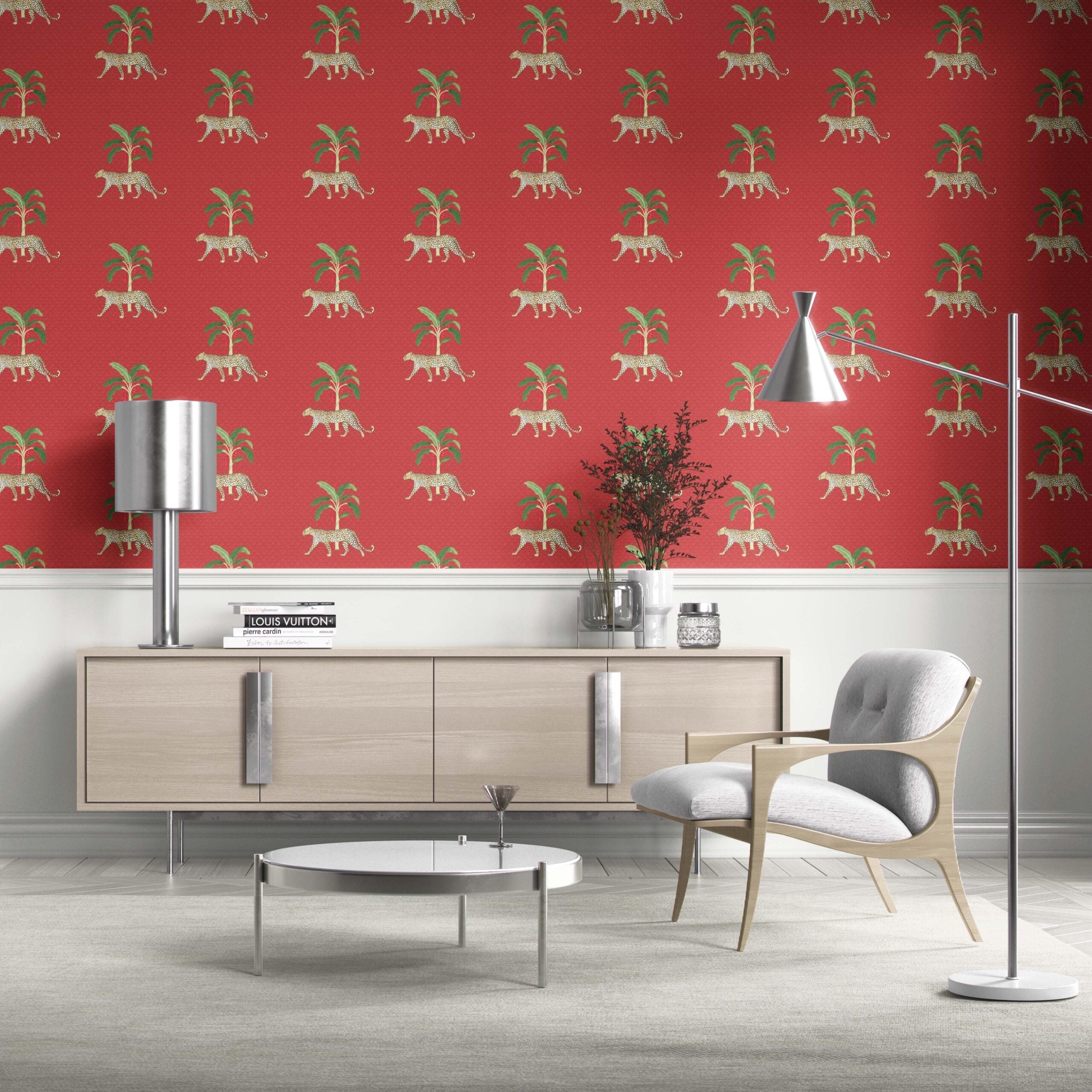 Leopard Animal Print Kitchen Wallpaper Sample (Red/ Green/ Tan)