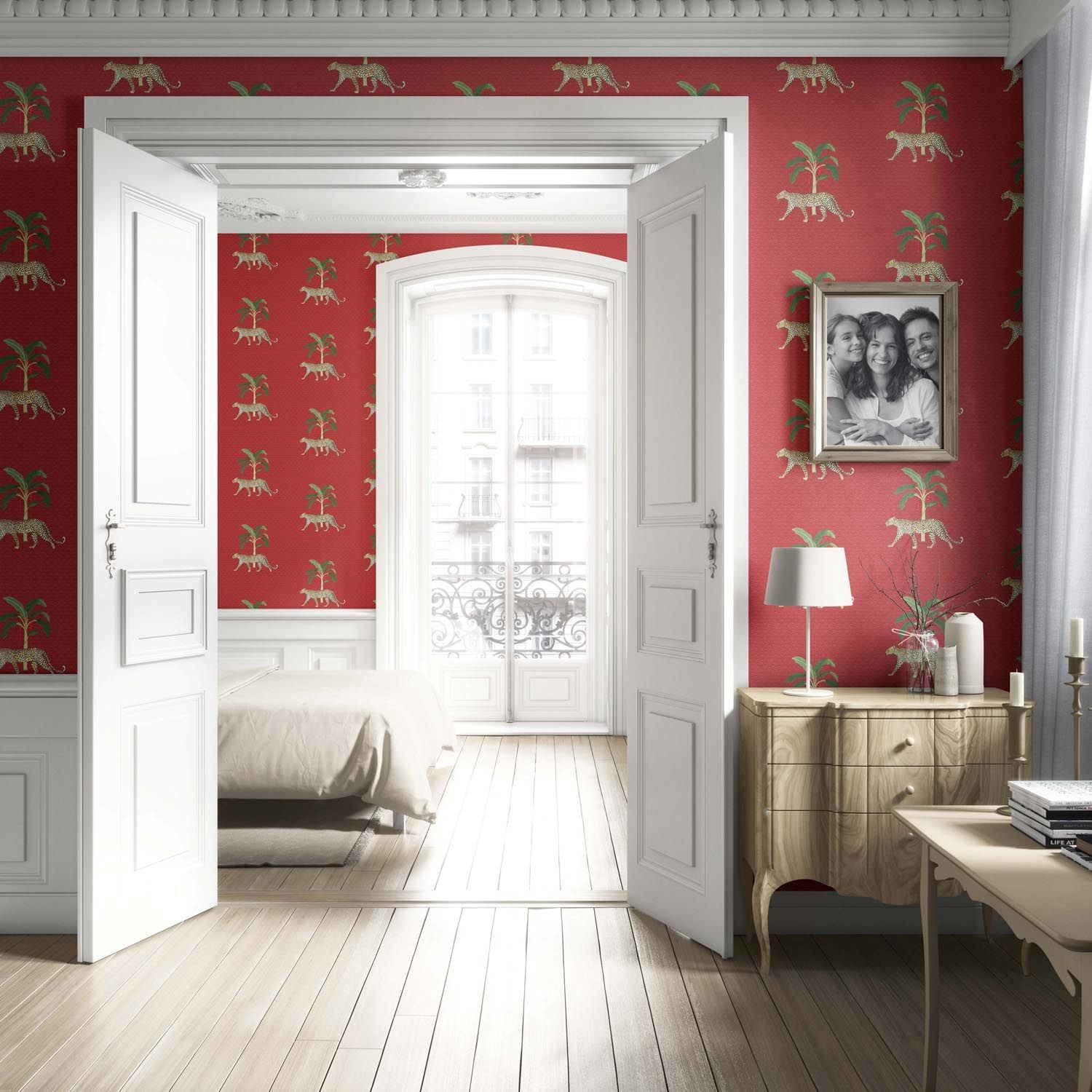 Leopard Animal Print Living Room Wallpaper Sample (Red/ Green/ Tan)