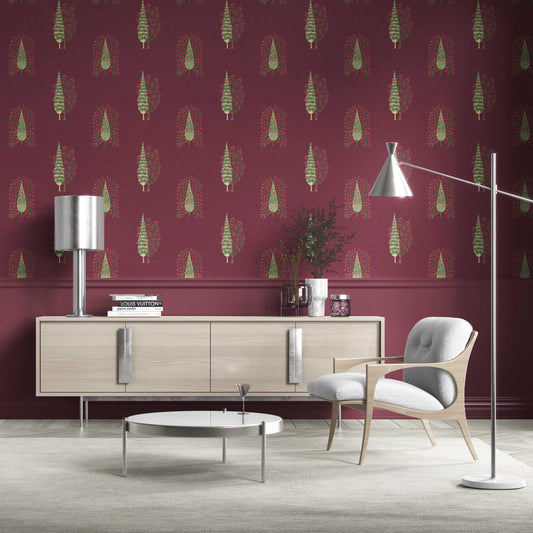 Botanical/ Floral Print Traditional Wallpaper (Maroon/ Red/ Pink/ Green)
