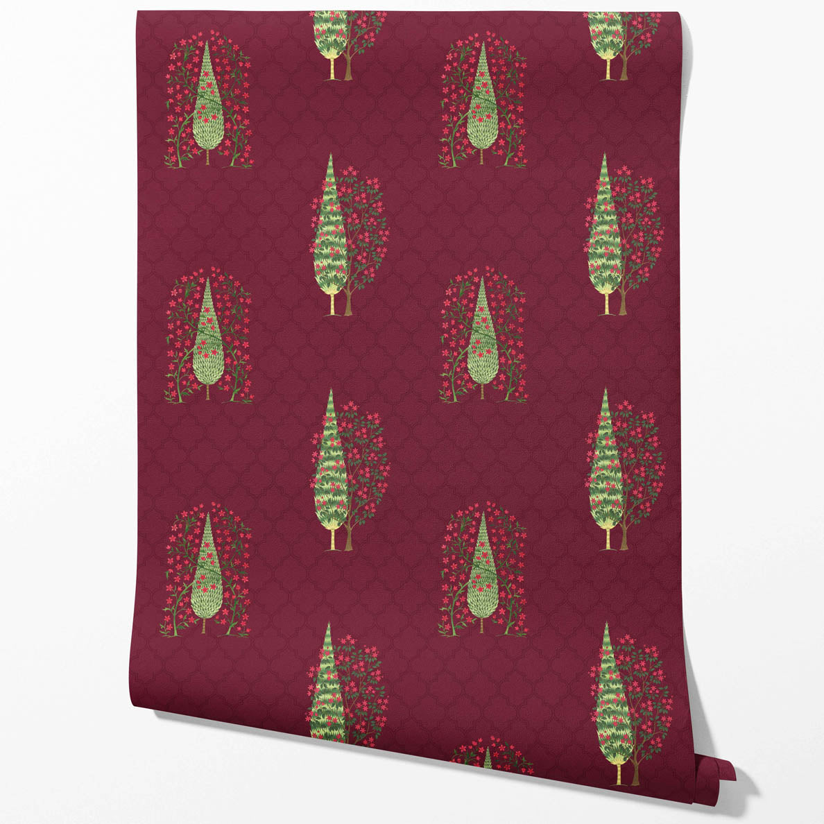 Botanical/ Floral Print Kitchen Wallpaper Sample (Maroon/ Red/ Pink/ Green)