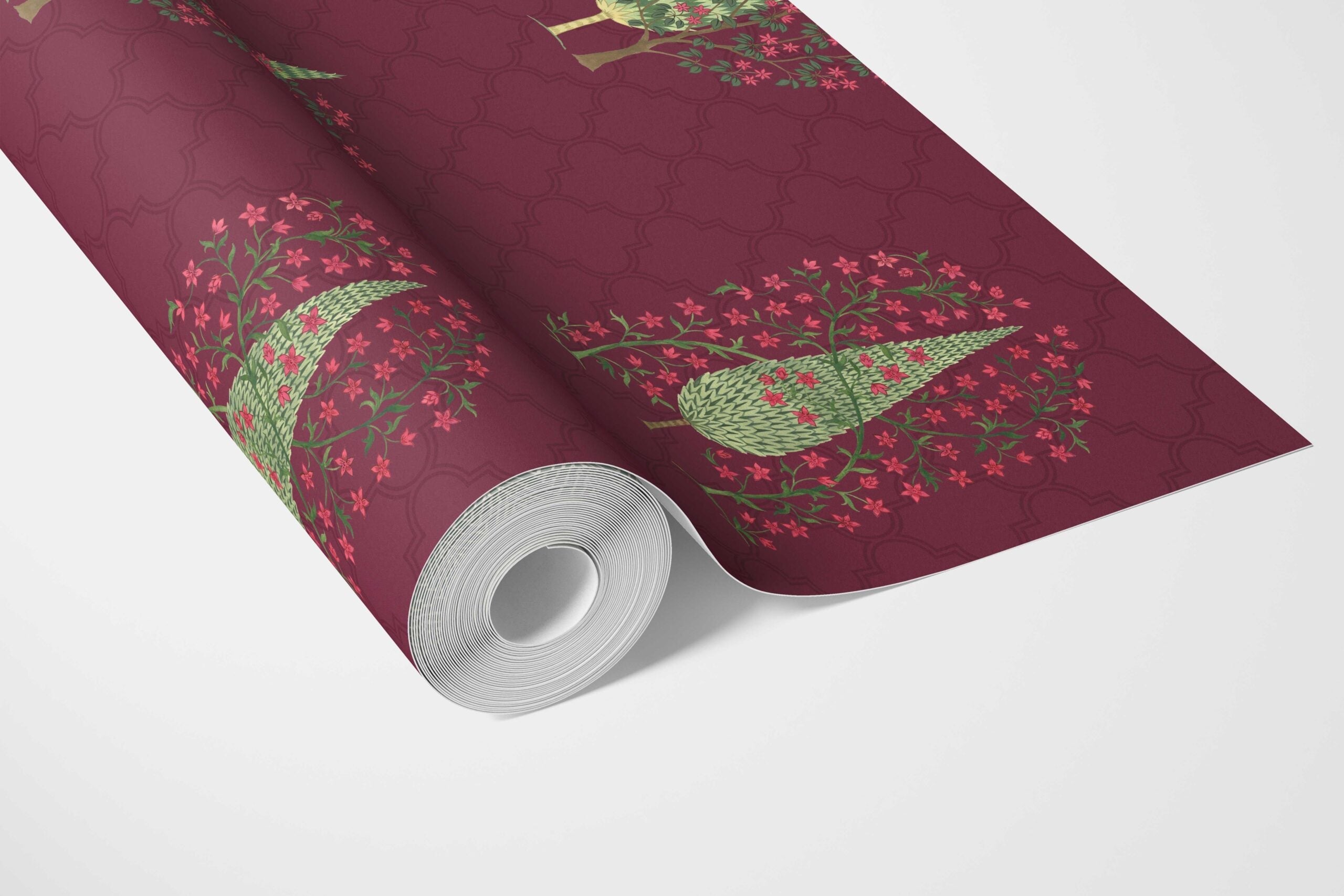 Botanical/ Floral Print Bathroom Wallpaper Sample (Maroon/ Red/ Pink/ Green)