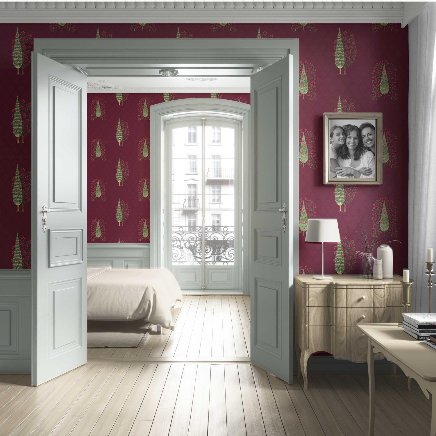 Botanical/ Floral Print Living Room Wallpaper Sample (Maroon/ Red/ Pink/ Green)